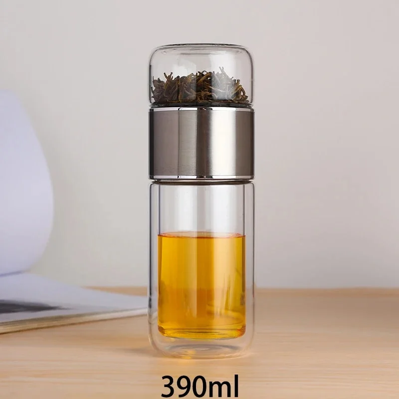 390ML Tea Water Bottle High Borosilicate Glass Double Layer Tea Water Cup Infuser Tumbler Drinkware Water Bottle With Tea Filter 390ml silver