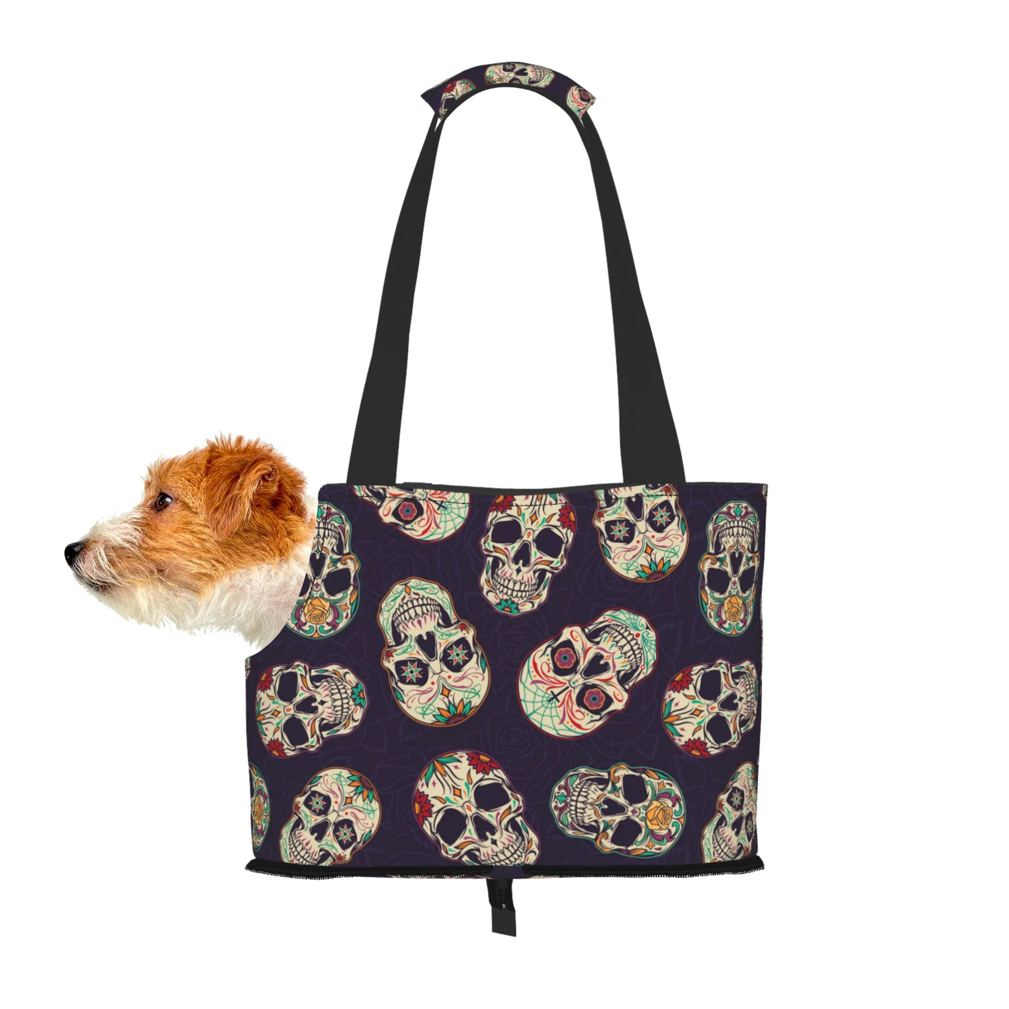 TEQUAN Foldable Dog Purse Carrier, Collapsible Funny Mexican Sugar Skull Flower Prints Pet Travel Tote Bag for Small Cat Puppy, Waterproof Dog Soft-Sided Carriers