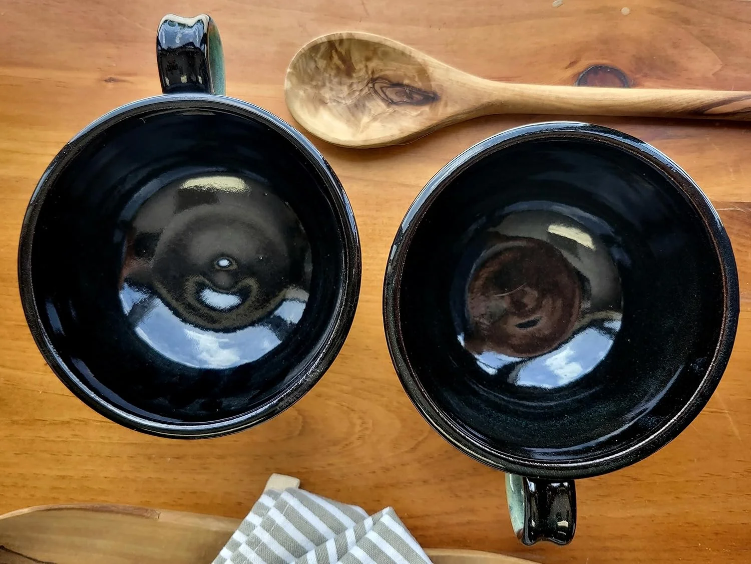 Farmhouse Soup Bowls With Handles Set Of 2 Deep Large - Hanging Kitchen Chowder Mugs - Handmade Pottery Decor (Green W/Black)