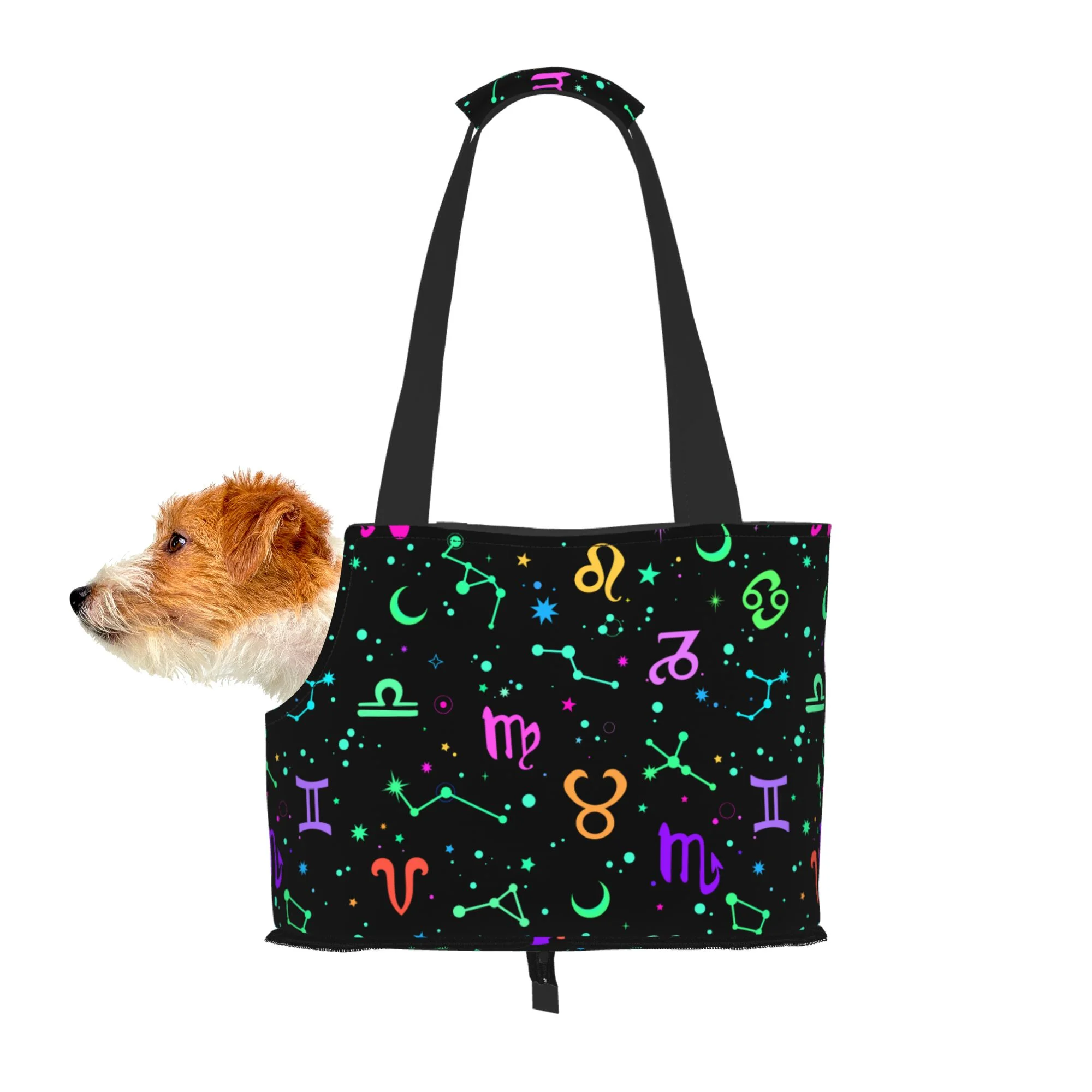 TEQUAN Foldable Dog Purse Carrier, Collapsible Mysterious Zodiac Stars Prints Pet Travel Tote Bag for Small Cat Puppy, Waterproof Dog Soft-Sided Carriers
