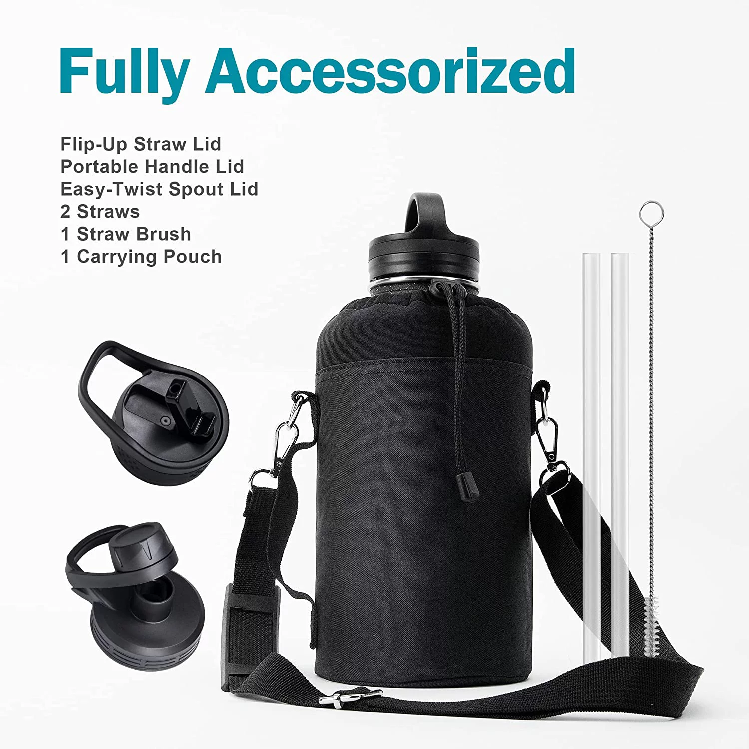 Buzio Insulated Stainless Steel Water Bottle with Straw Lids, 64 oz Vacuum Water Jug, Starry Black