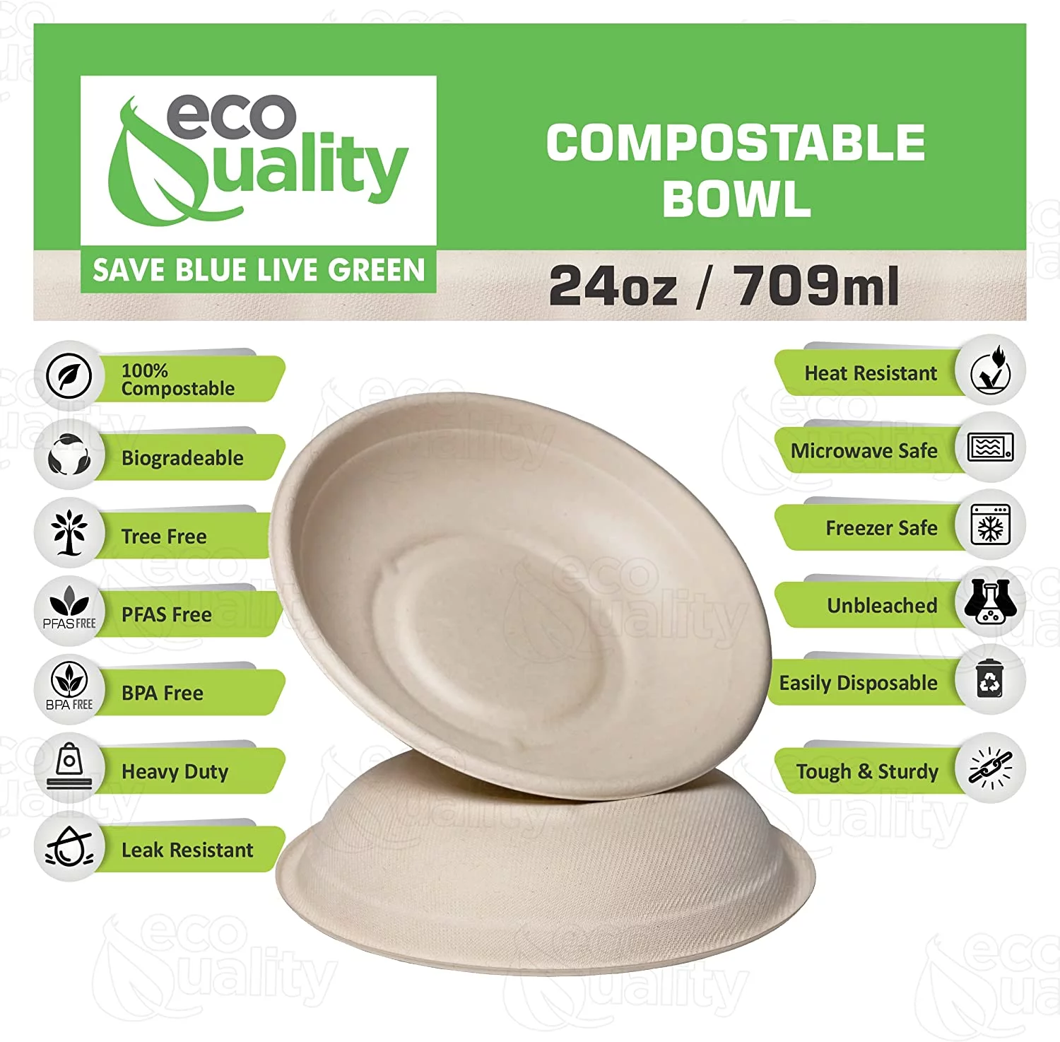 25 Pack 24 oz Round Disposable Compostable Paper Bowls Heavy-Duty, Eco-Friendly Natural Bagasse Unbleached, Heat Resistant, 100% Biodegradable Salad Bowls Alternative to Plastic