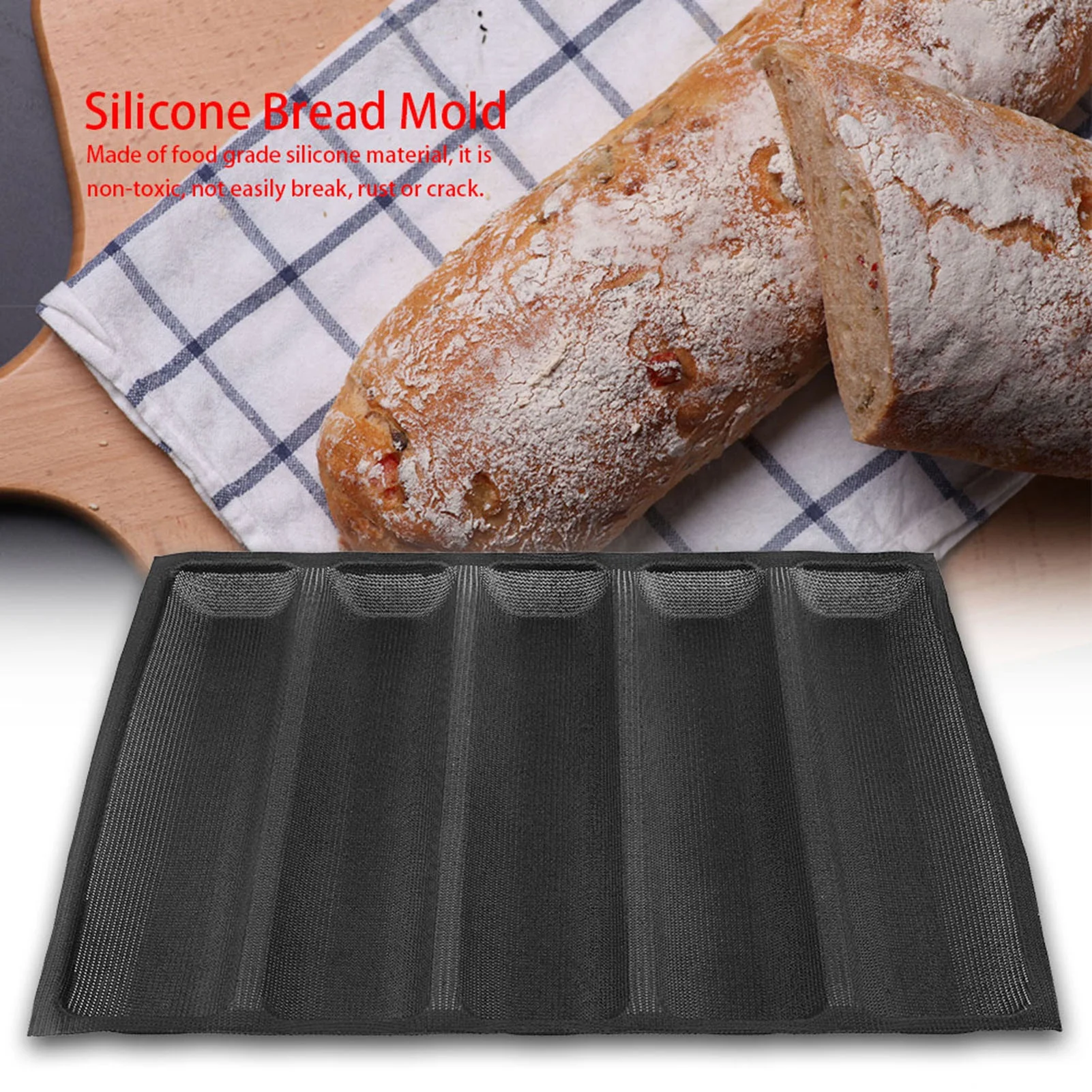 NIKOU Silicone Oblong Bread Molds, Baguette Pan French Bakeware Tray