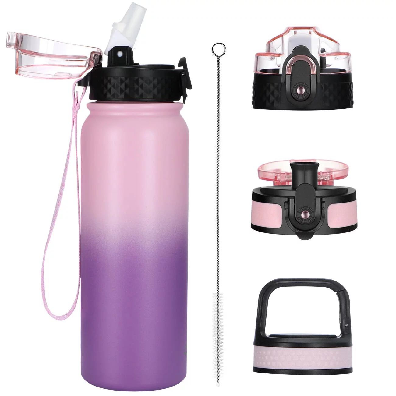 Oldley 20oz Water Bottle for Aldults and Kids  with 3 Lids and Strap Wide Mouth LeakProof for School Travel,Gift,Pink Purple