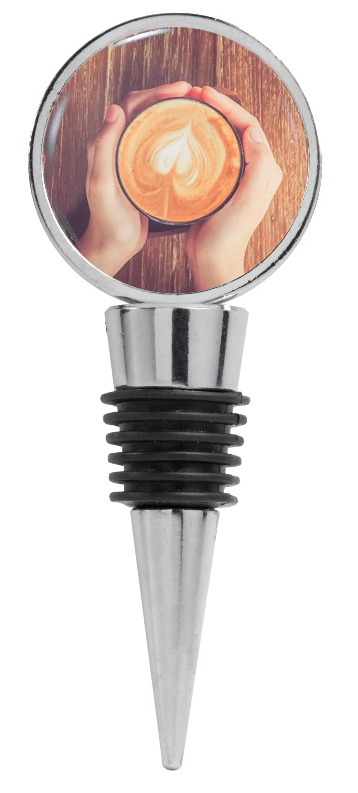 Image of a Person Holding a Cup of Coffee with Creamer Designs Wine Stopper