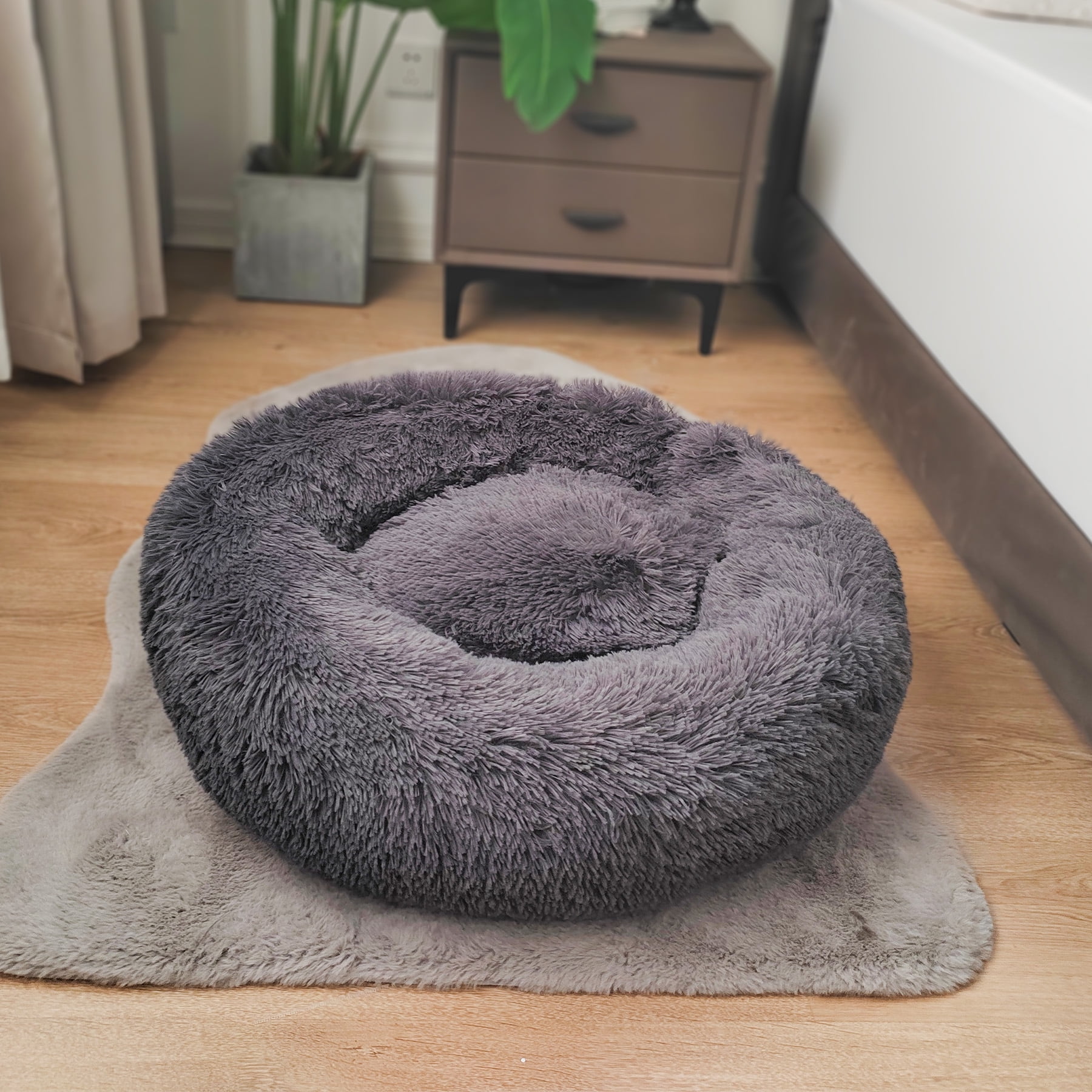 Deluxe Donut Pet Bed with Anti-Slip Waterproof Bottom and Raised Rim - Soothing Calming Cuddler Nest Dog Bed, Fluffy Faux Fur Round Cushion Cat Bed