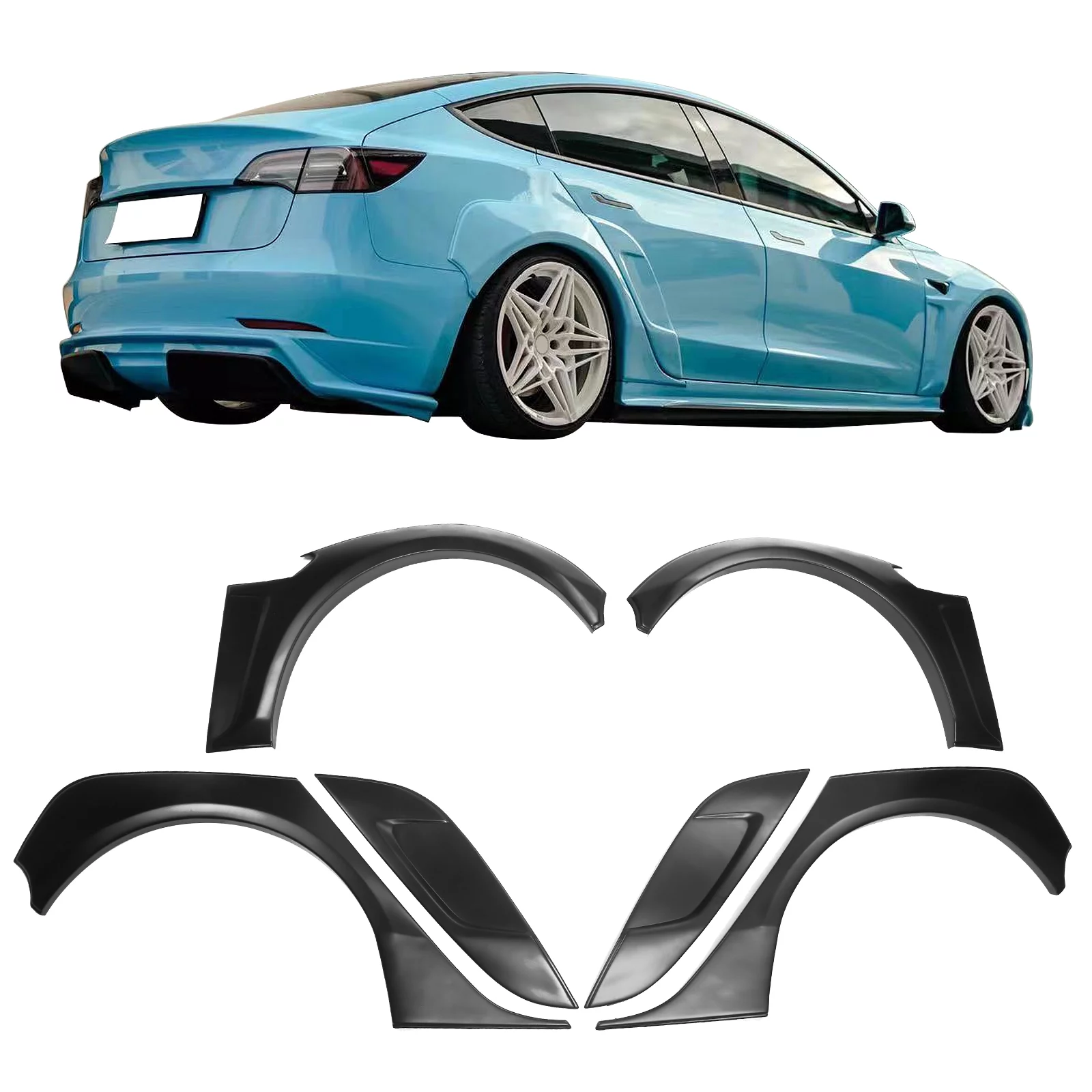 Ikon Motorsports Fender Flares Compatible With 2017-2023 Tesla Model 3 All Models, ABS IKON Style Unpainted Black Front Rear Right Left Sanded Wheel Cover Protector 6PCS