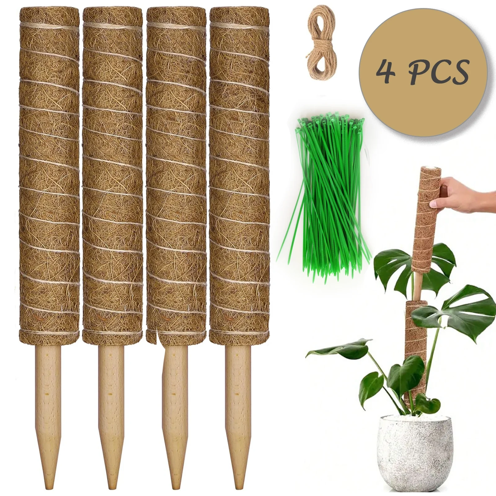 Moss Pole 47.5 Inch, 4 Pack Moss Poles for Climbing Plants, Monstera Coir Totem Pole, 16 Inch Moss Sticks for Indoor Plant Support, Train Pothos Creepers Potted Plants Grow Upwards, with Garden Ties