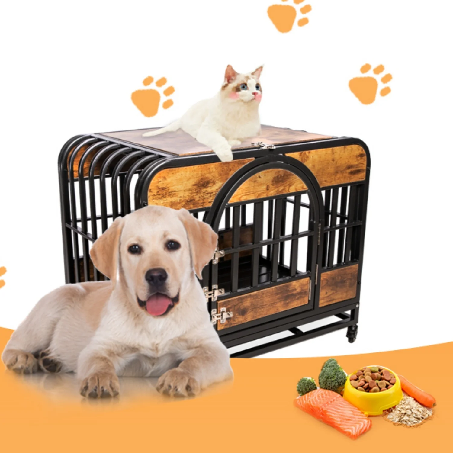 Dog Crate Furniture,46in Dog Kennel with Pull-Out Tray and Lockable Omni-Directional Wheels, Hard Steel Pipe and Heavy Duty Wooden Panel
