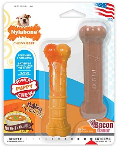 Nylabone Puppy Power Chew Toy - Tough and Durable Puppy Chew Toy for Teething - Puppy Supplies - Bacon & Beef Broth Flavor, Small (2 Count)