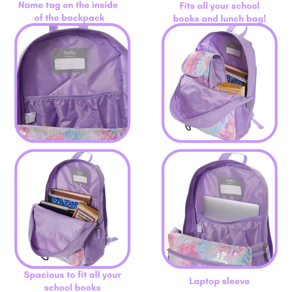 CLUB LIBBY LU Sequin Tie Dye Girls Backpack with Lunch Box and Water Bottle 6 Piece Set 16 inch Pink