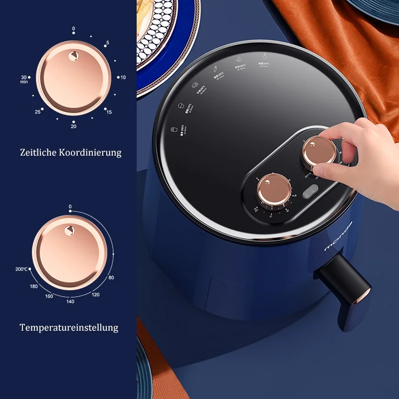 Hot air fryer, 360° hot air circulation, 4.5L large capacity, 1300W, hot air fryer, with timer temperature control, oil-free frying, retro design, with recipe pot, royal blue