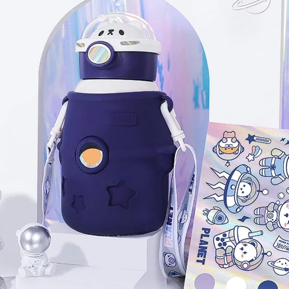 500ml/17oz Kawaii Water Bottle, Cute Insulated Water Bottles with Straw and Stickers, Cartoon Astronaut Vacuum Insulated Water Bottle Organizer, Kawaii Thermos with Carrier Holder