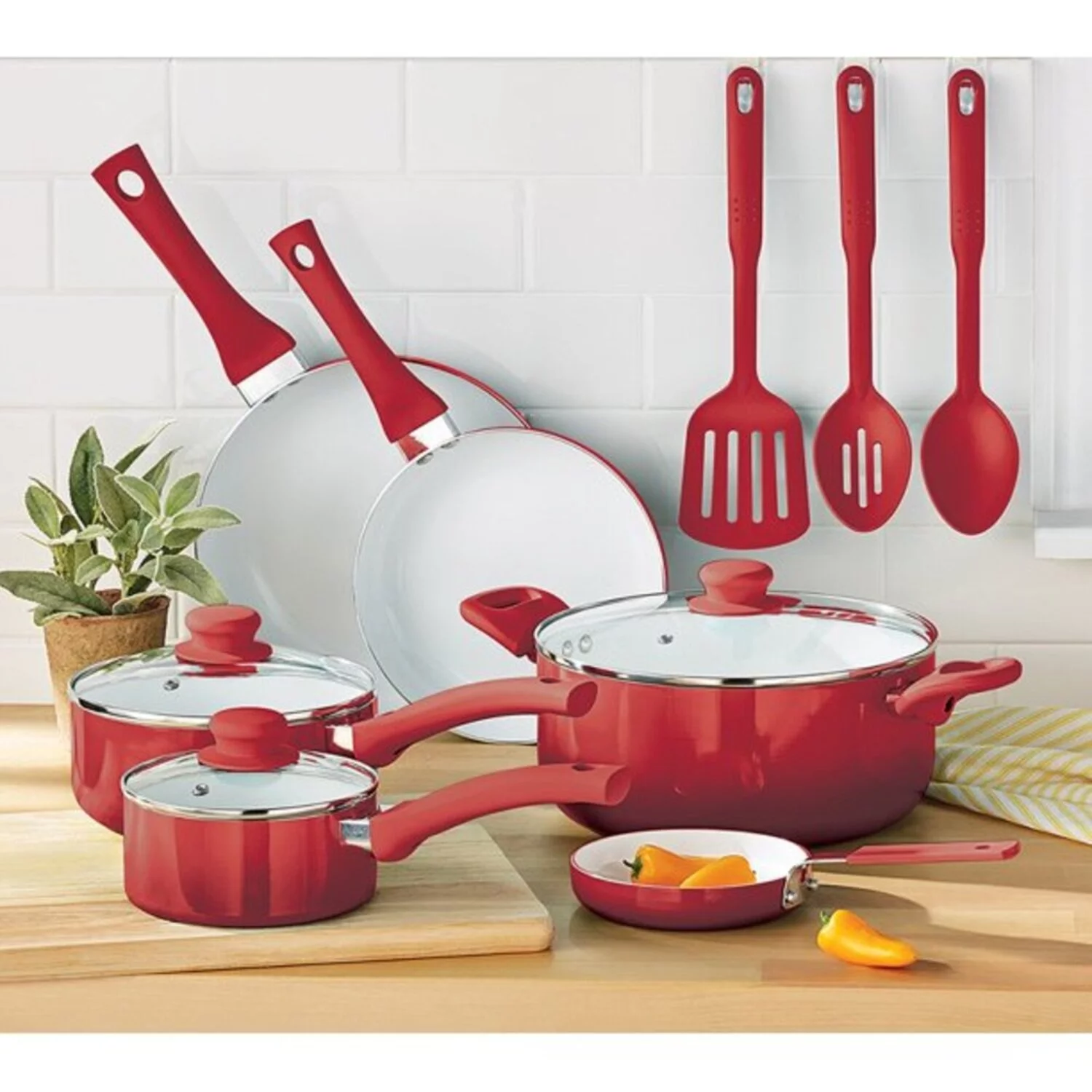 Ceramic Nonstick Aluminum Cookware Set 12 Pieces Red Ombre
