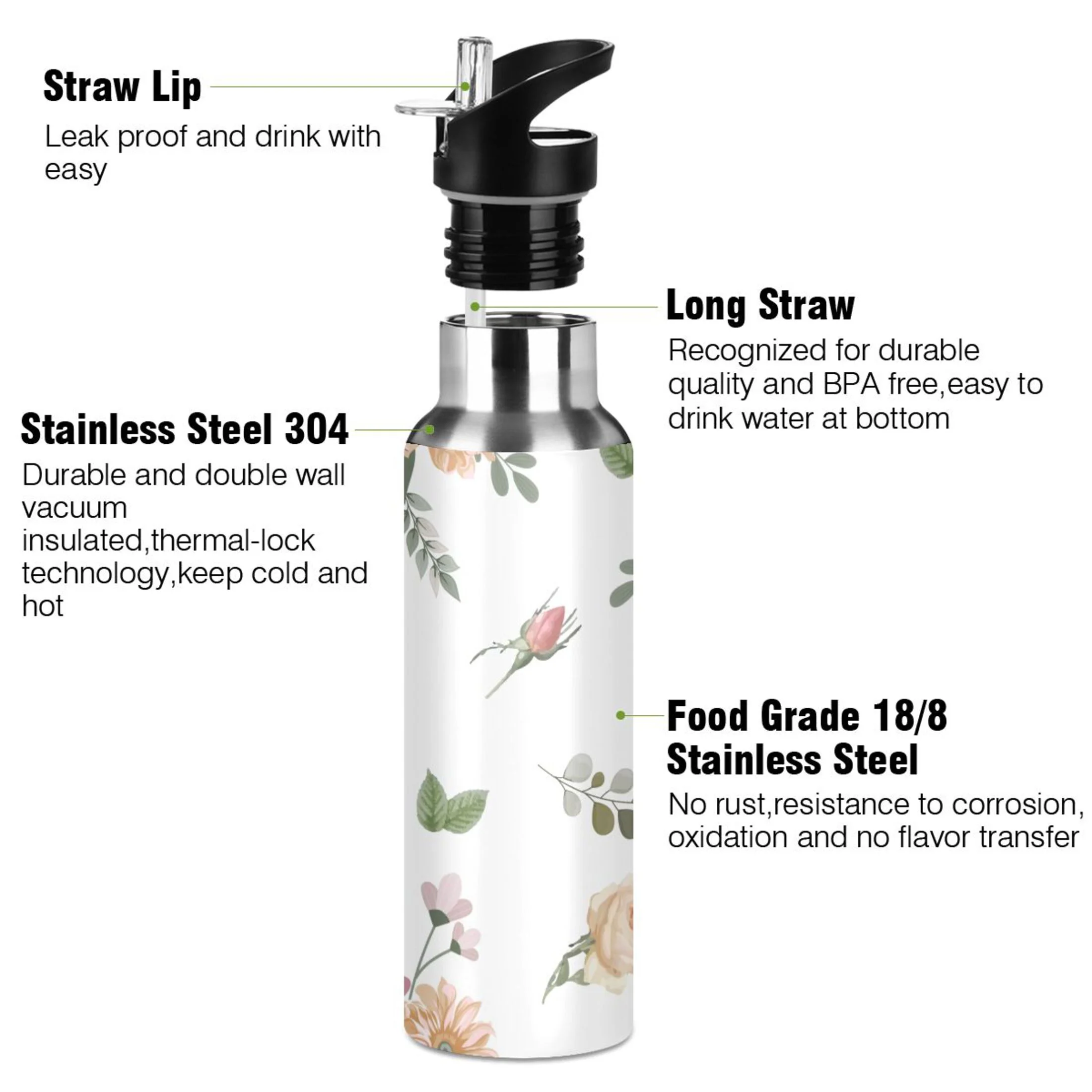 Water Bottle with Straw Lid Leak Beautiful Watercolour Flower Stainless Steel Insulated Thermos Vacuum Flask for Cold Hot Drinking for Sports Camping Gym Yoga