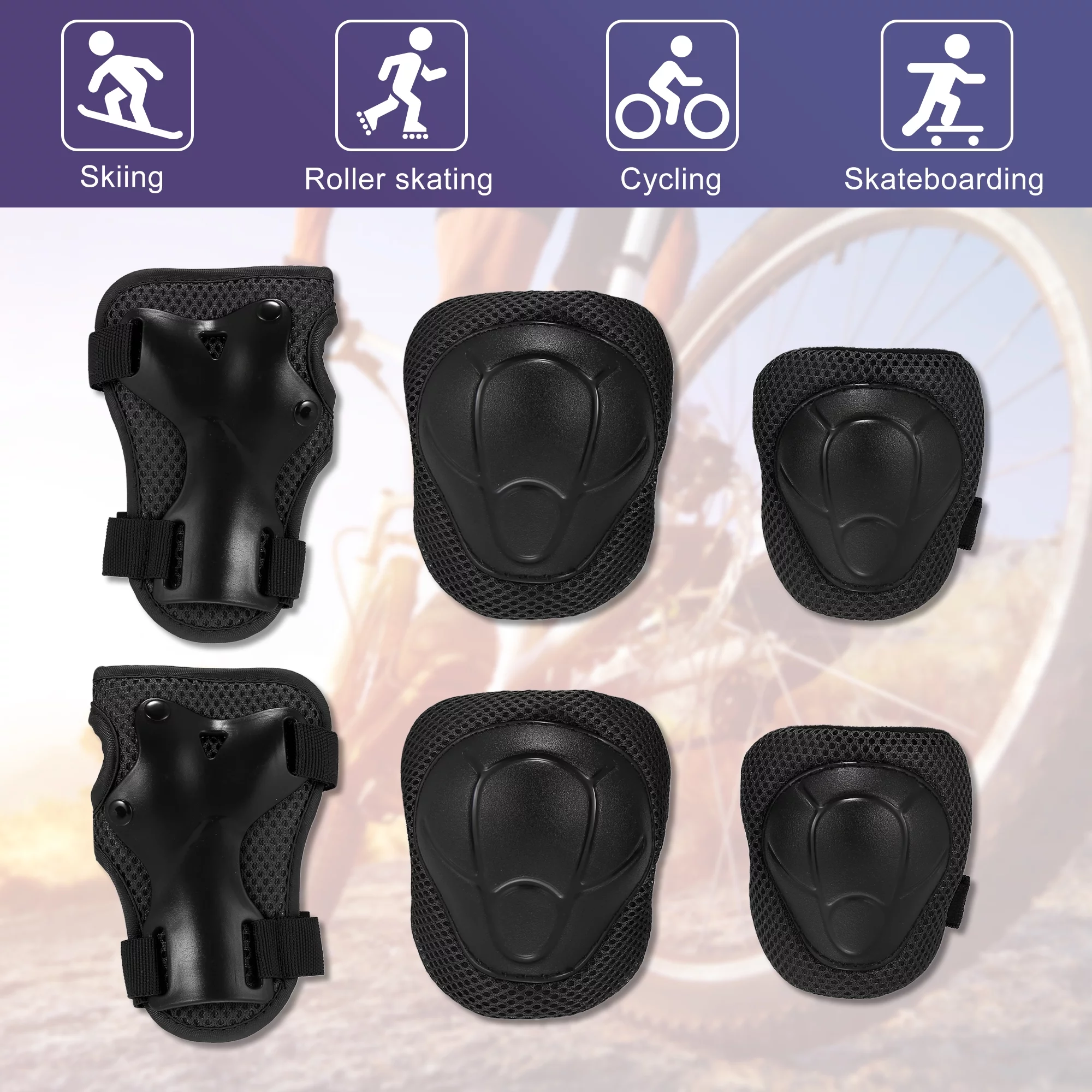 Motoforti 6pcs Cycling Wrist Support Guard Elbow Knee Pads Black Bike Riding Protective Gear