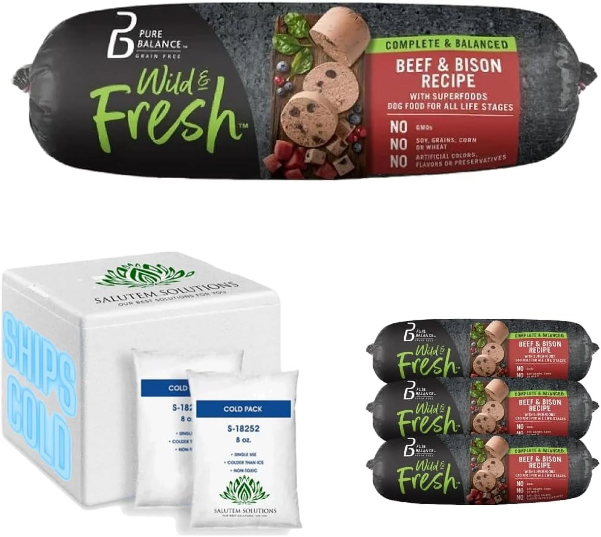 Pure Balance Wild & Fresh Dog Food, Beef & Bison Recipe, Rolled Chub, Dog Food for All Lifestages, 2 lb - Pack of 4