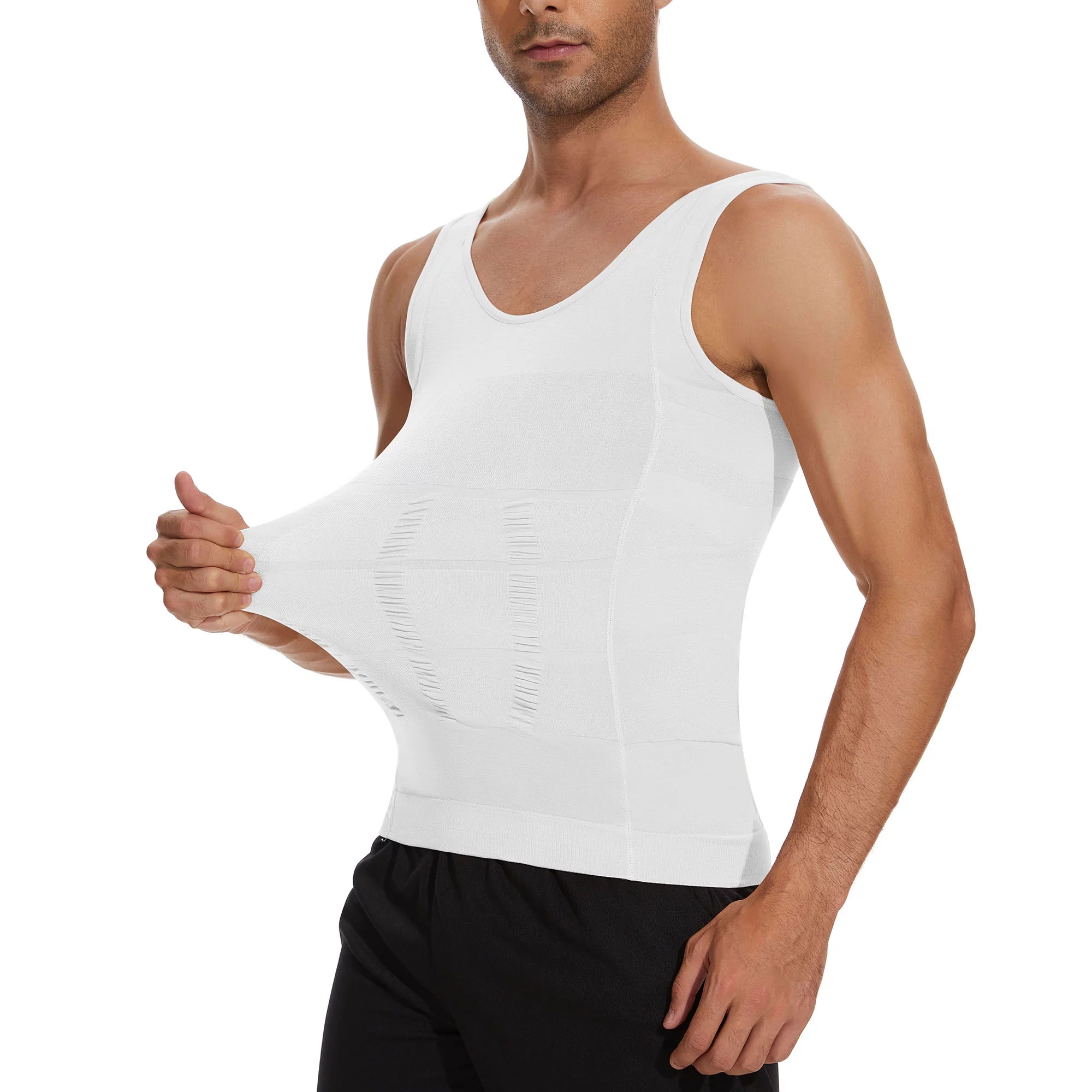 QRIC 2 Pack Mens Compression Shirts Shapewear Slimming Body Shaper Tank Top Vest Belly Control Undershirt White 2XL
