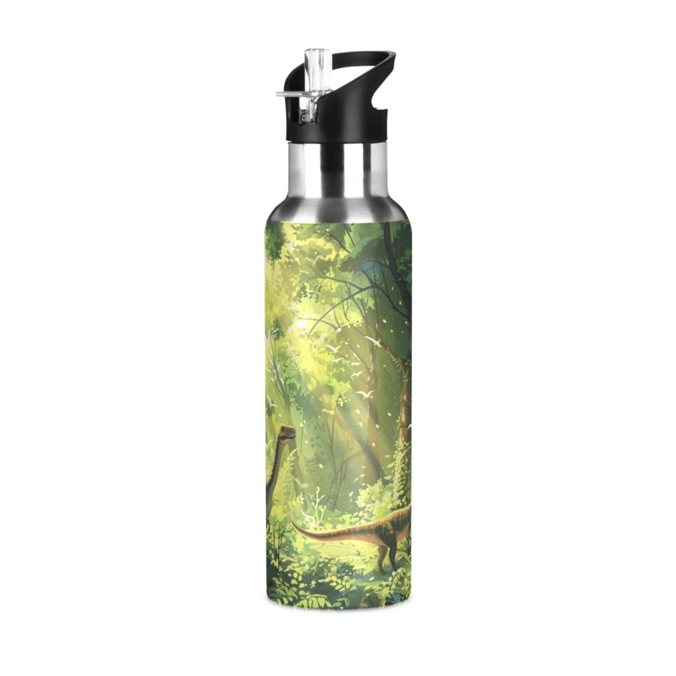 Dinosaurs in Forests Water Bottles Insulated Thermos Kids Stainless Steel Bottle with Straw Lid Flask Leakproof for Sports Gym 20 oz