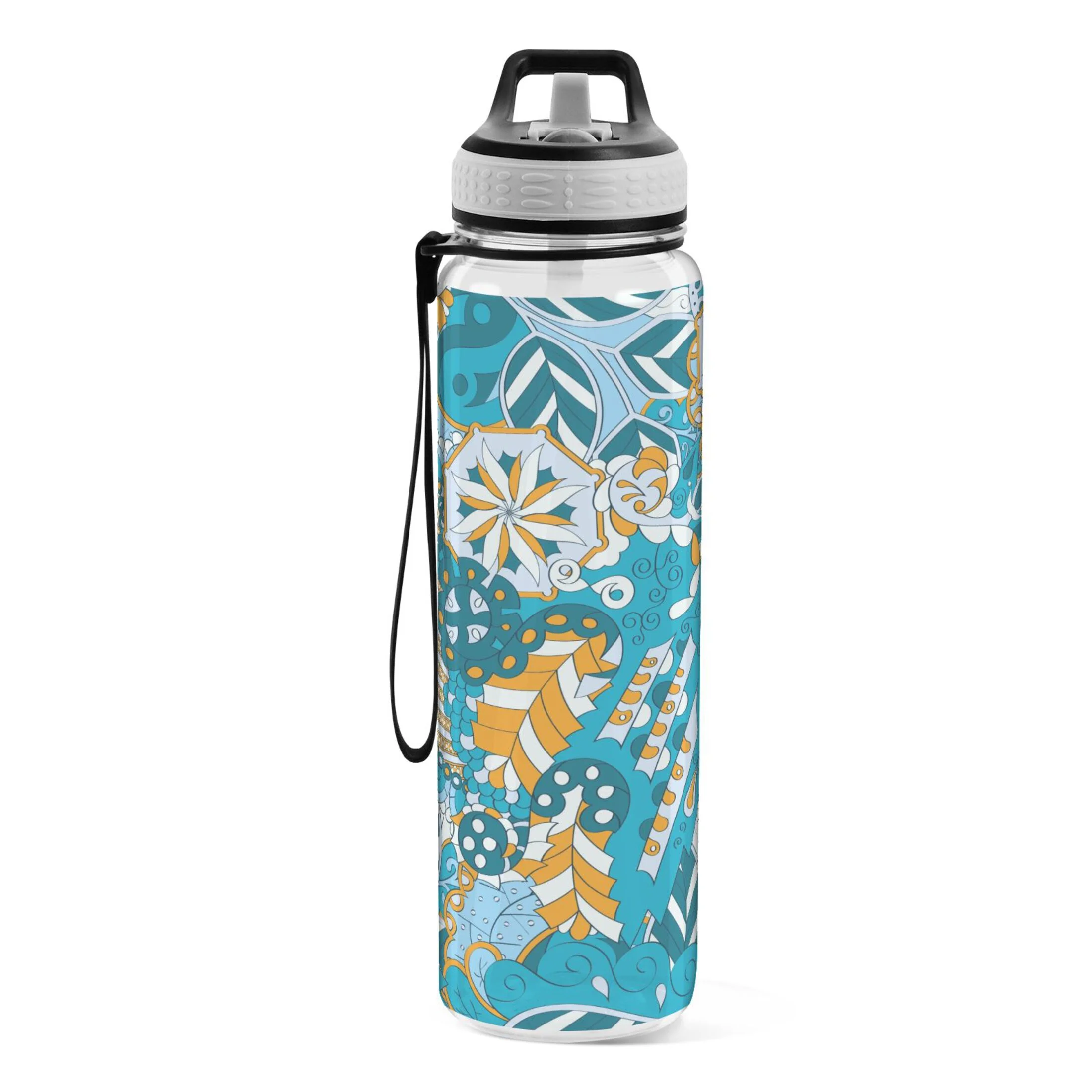 Ethnic Abstract Curved 32oz Sports Water Bottles Leakproof Tritan Bottle with Straw BPA Free Clear Bottle for Fitness Gym Outdoor Cycling