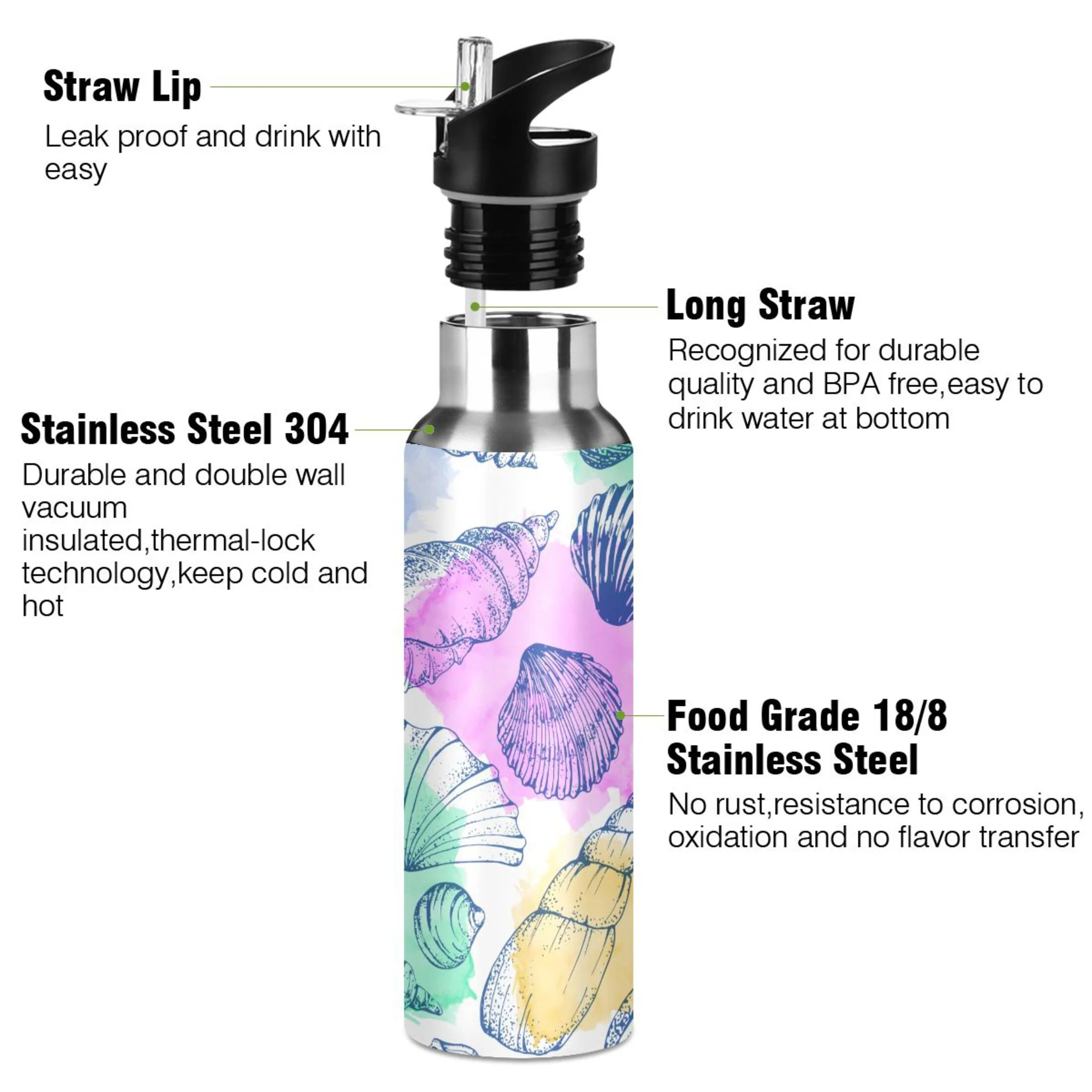 Water Bottle with Straw Lid Leak Colorful Seashells Stainless Steel Insulated Thermos Vacuum Flask for Cold Hot Drinking for Sports Camping Gym Yoga