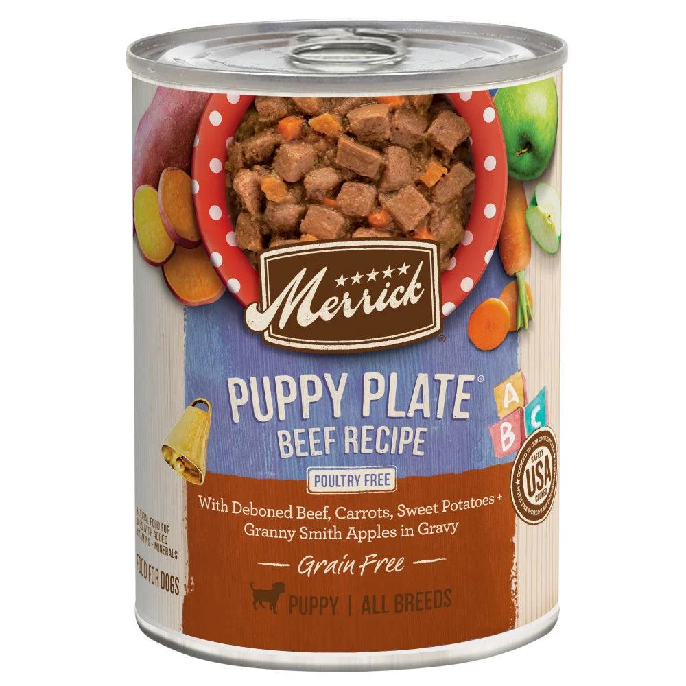 Merrick Grain Free Puppy Plate Beef Recipe Canned Puppy Food 12.7oz, case of 12