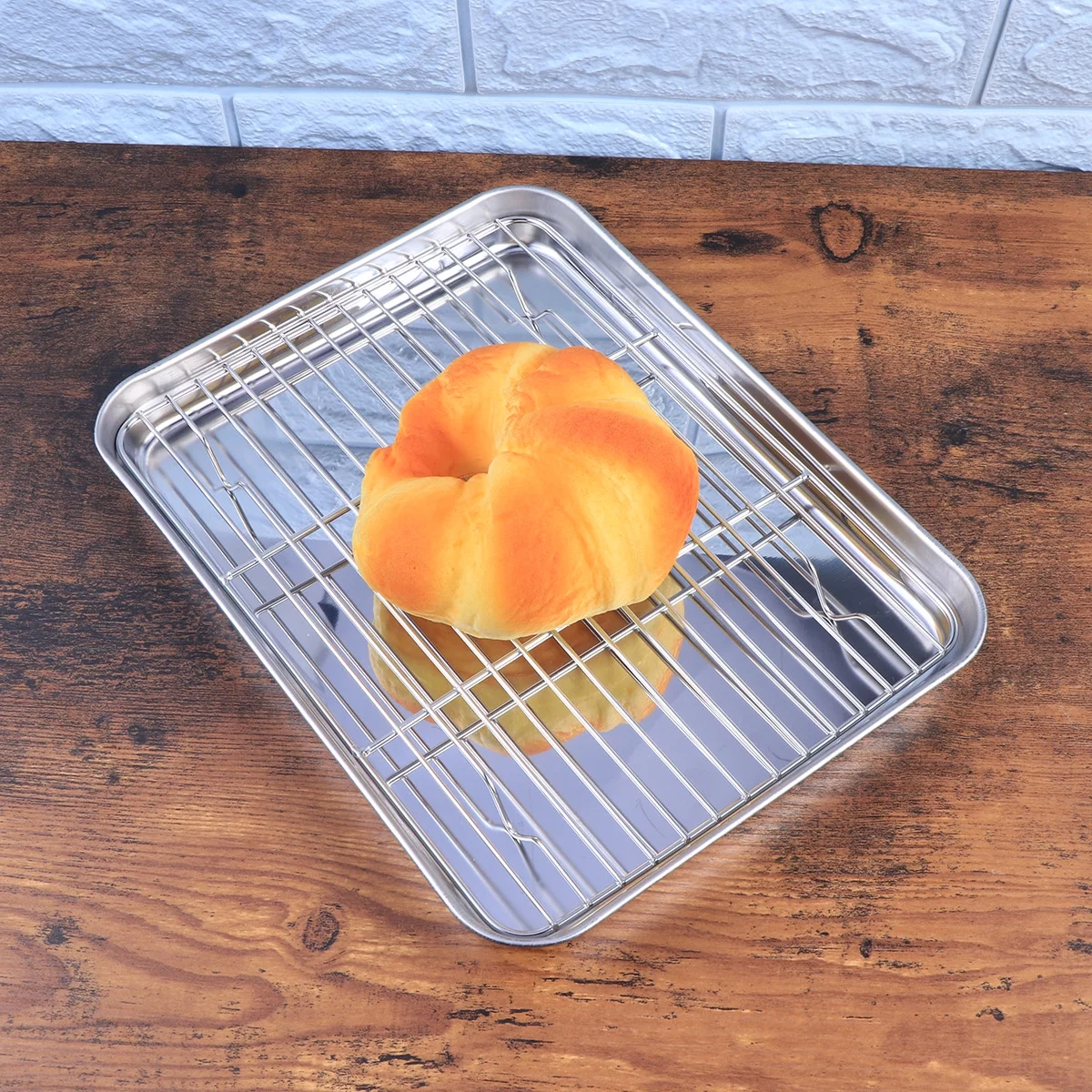 2 Pieces/Set Rectangular Baking Tray Stainless Steel Baking Pan Sheet with Removable Cooling Rack - 26x20x2.5cm