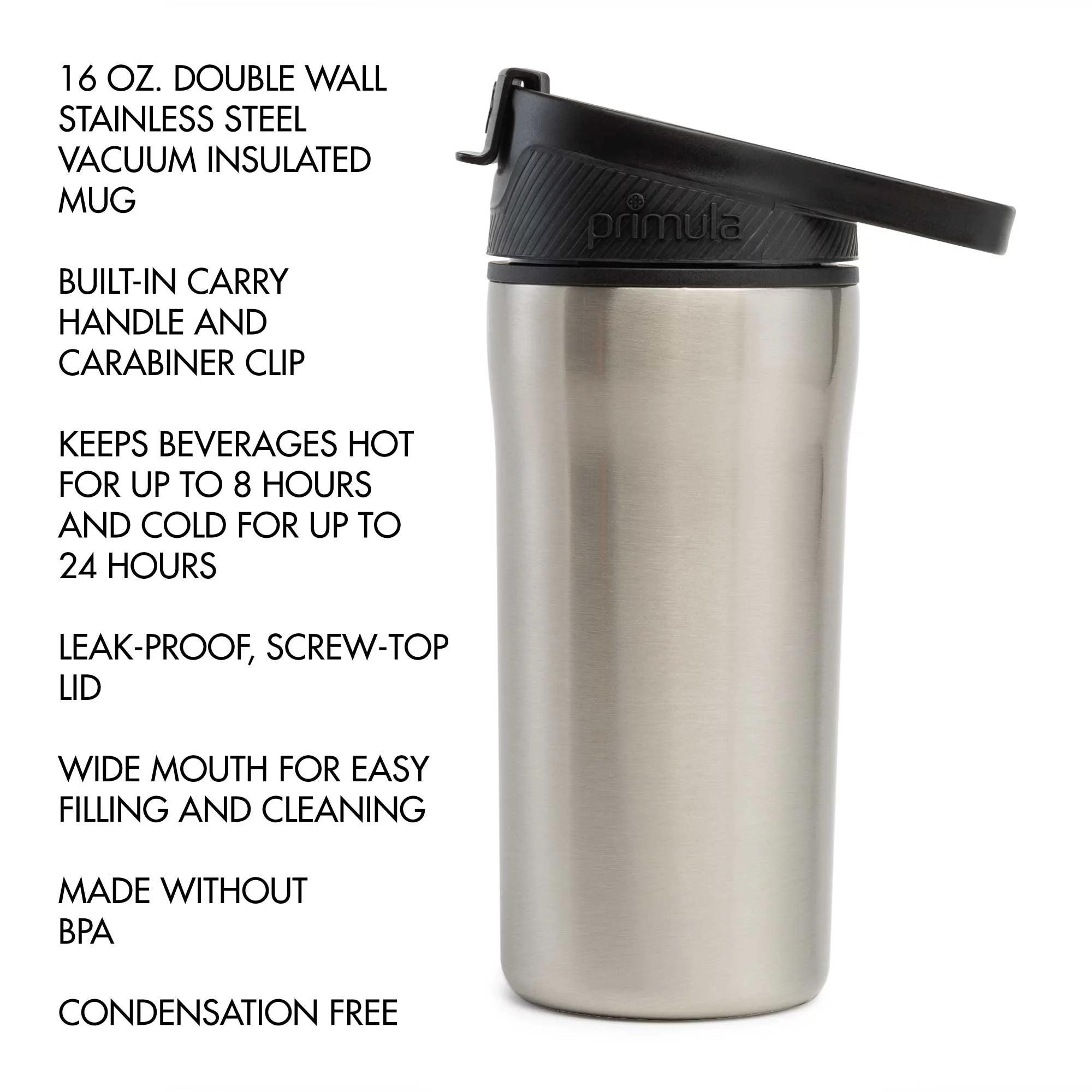 Primula Commuter Stainless Steel Thermal Coffee Mug Water Bottle with Carabiner Lid, 16 ounces