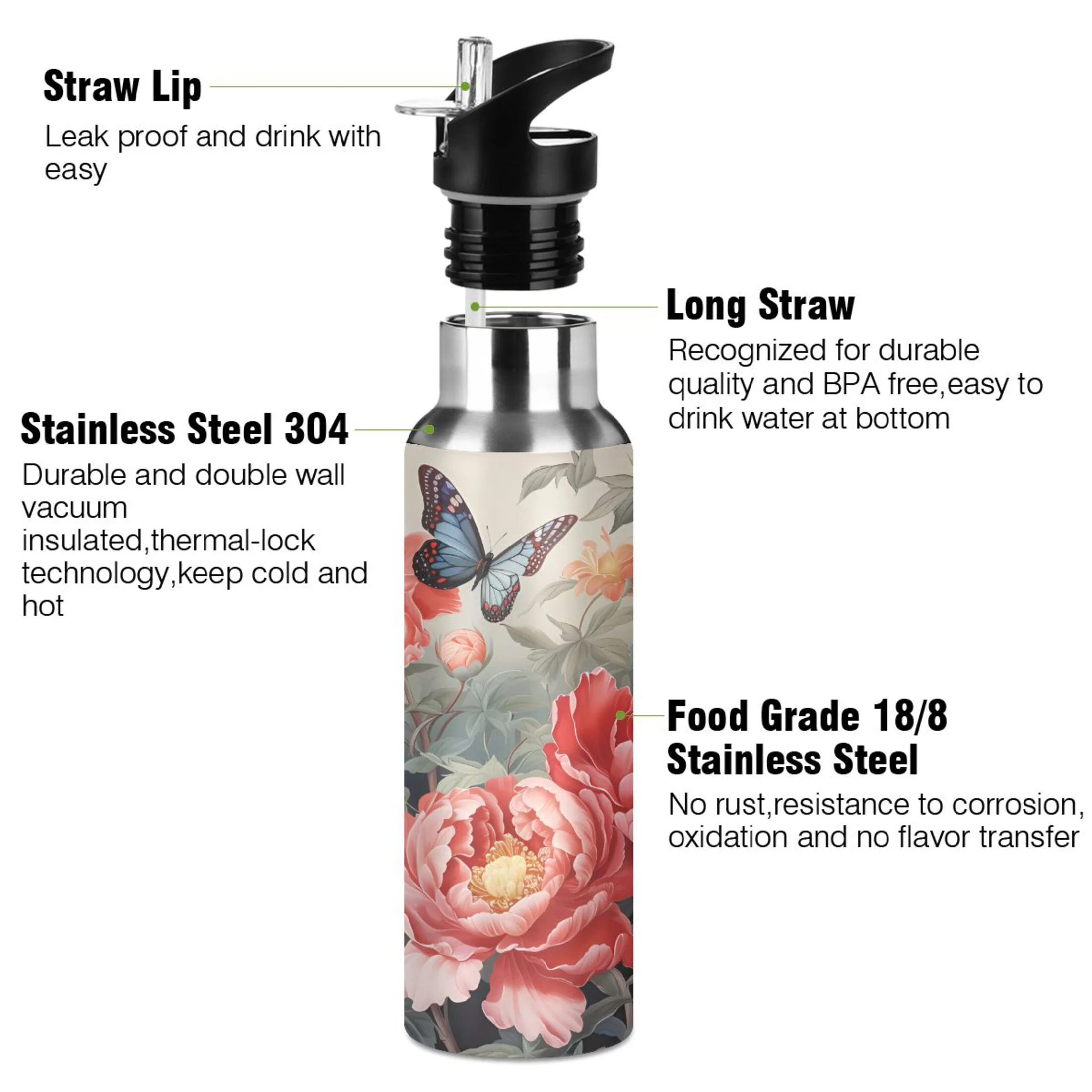 Water Bottle with Straw Lid Leak Butterflies and Flowers Stainless Steel Insulated Thermos Vacuum Flask for Cold Hot Drinking for Sports Camping Gym Yoga