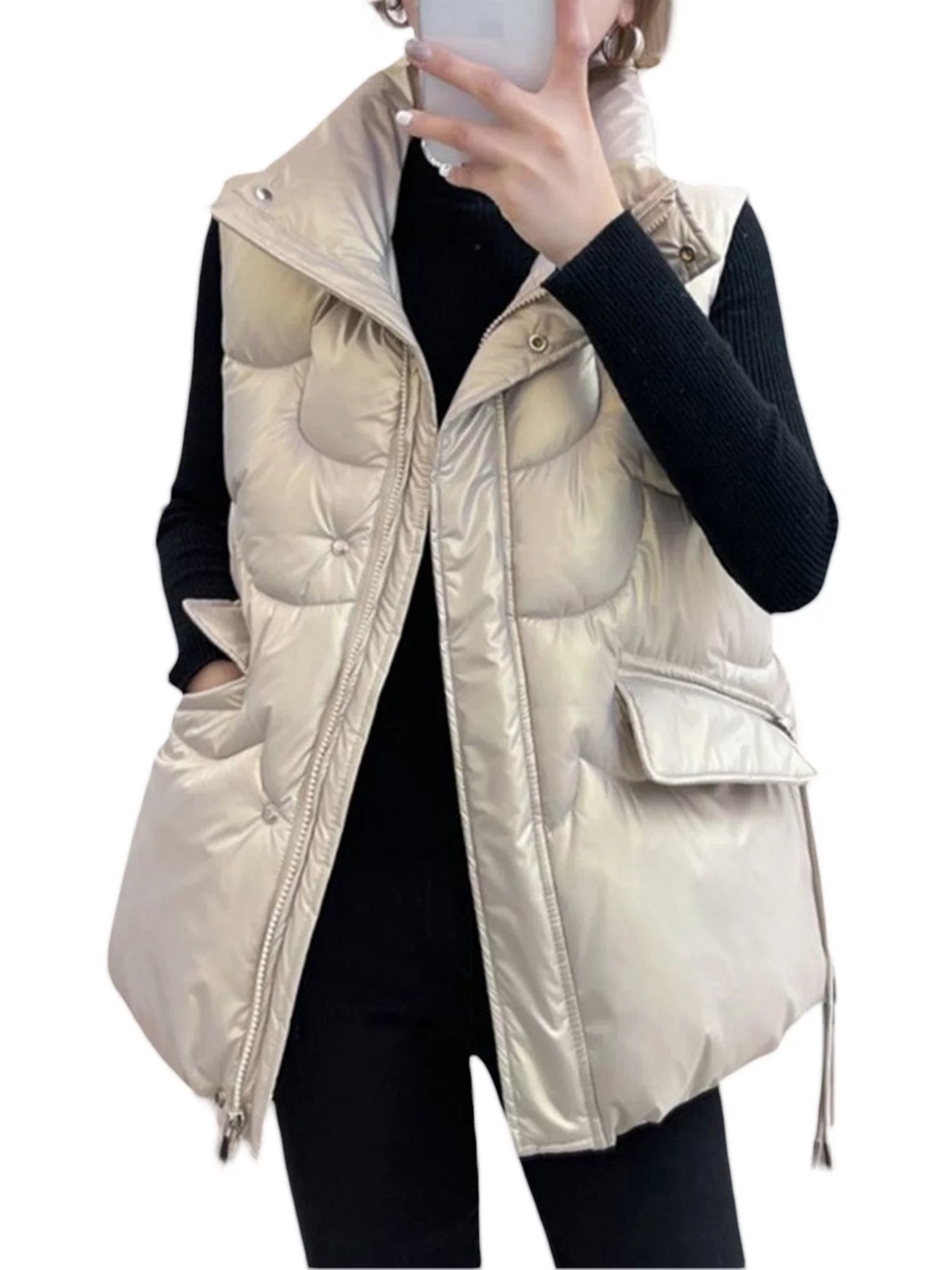 Women Quilted Puffer Vest Coat Winter Sleeveless Outerwear Stand Collar Padded Jacket with Pockets