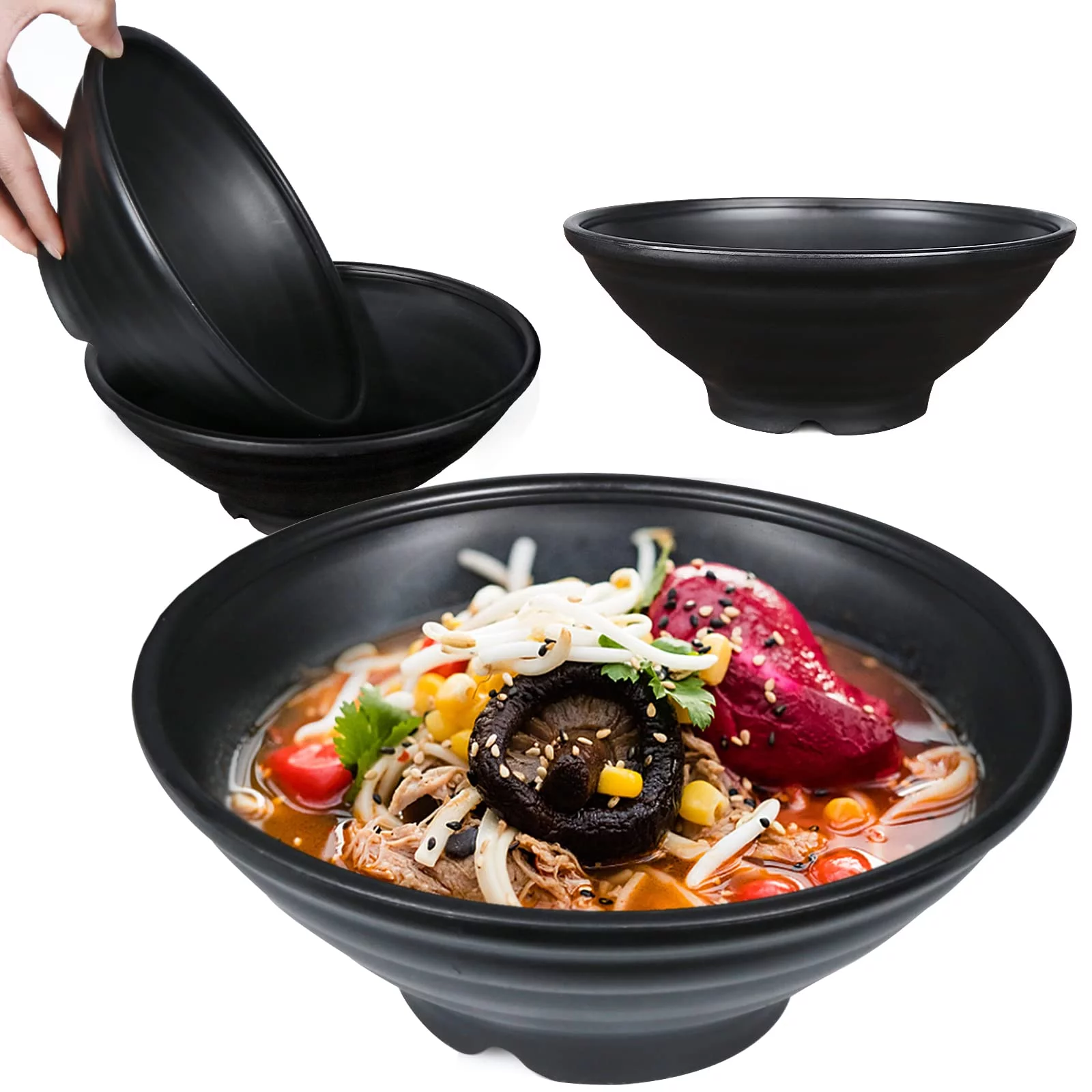 Loobuu Unbreakable Plastic Japanese Style Ramen Bowl Set of 4 - 44 oz Large Ramen Bowls for Pho Thai Miso Udon Soup Noodles - Dishwasher Safe & BPA free Bowl Set for Family (Black)