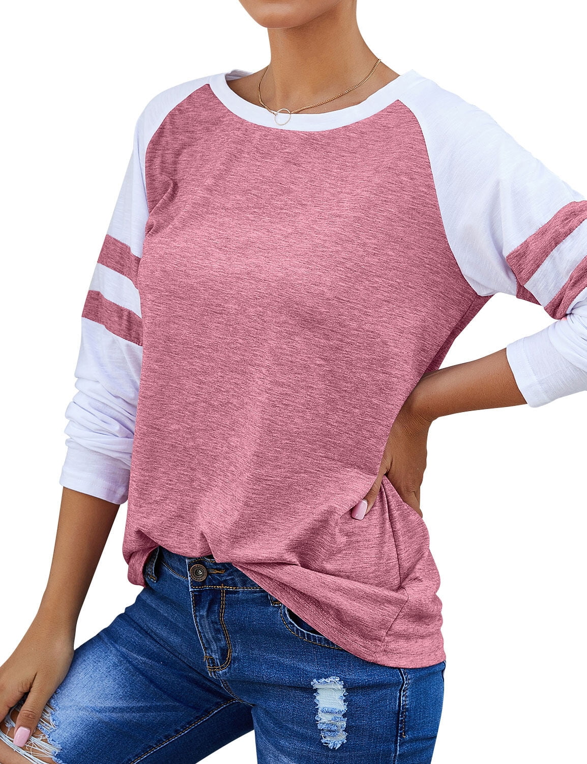STARVNC Women Stripe Splice Long Sleeve Crew Neck Shirt