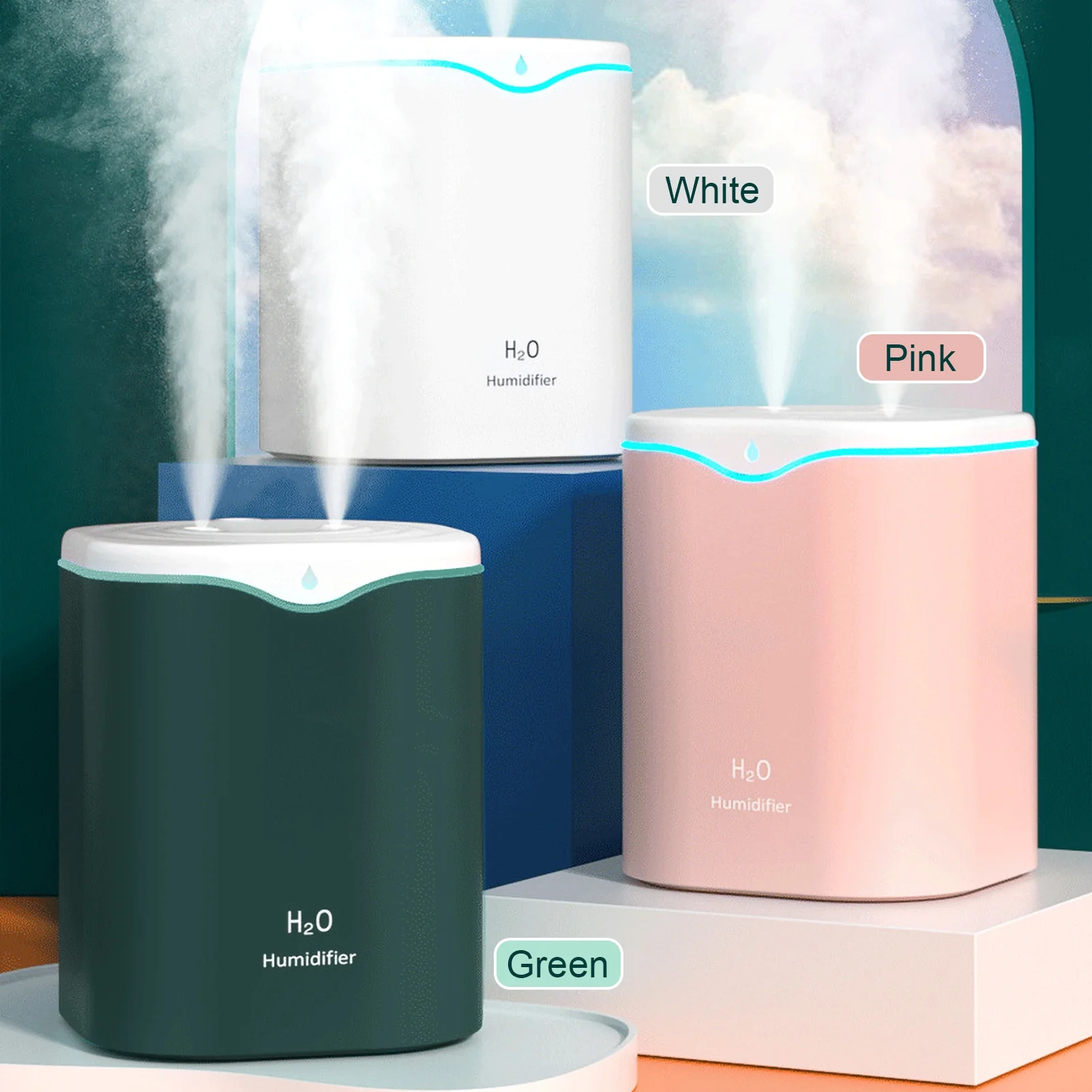Htovila 2L Double Spray Humidifiers with LED light Cool Mist Auto Shut-Off Humidifier Portable Desk Humidifiers for Bedroom Home Baby Room
