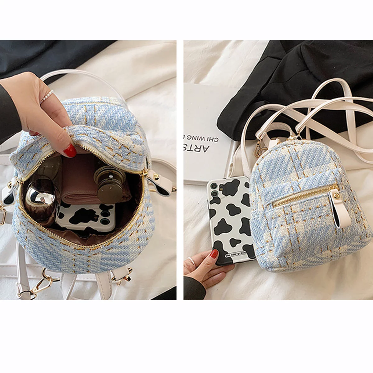 CJUAN Mini Backpack for Women Girls Denim Checkered Bag Travel Rucksack Casual Shoulder Bags Fashion Satchel Light Blue