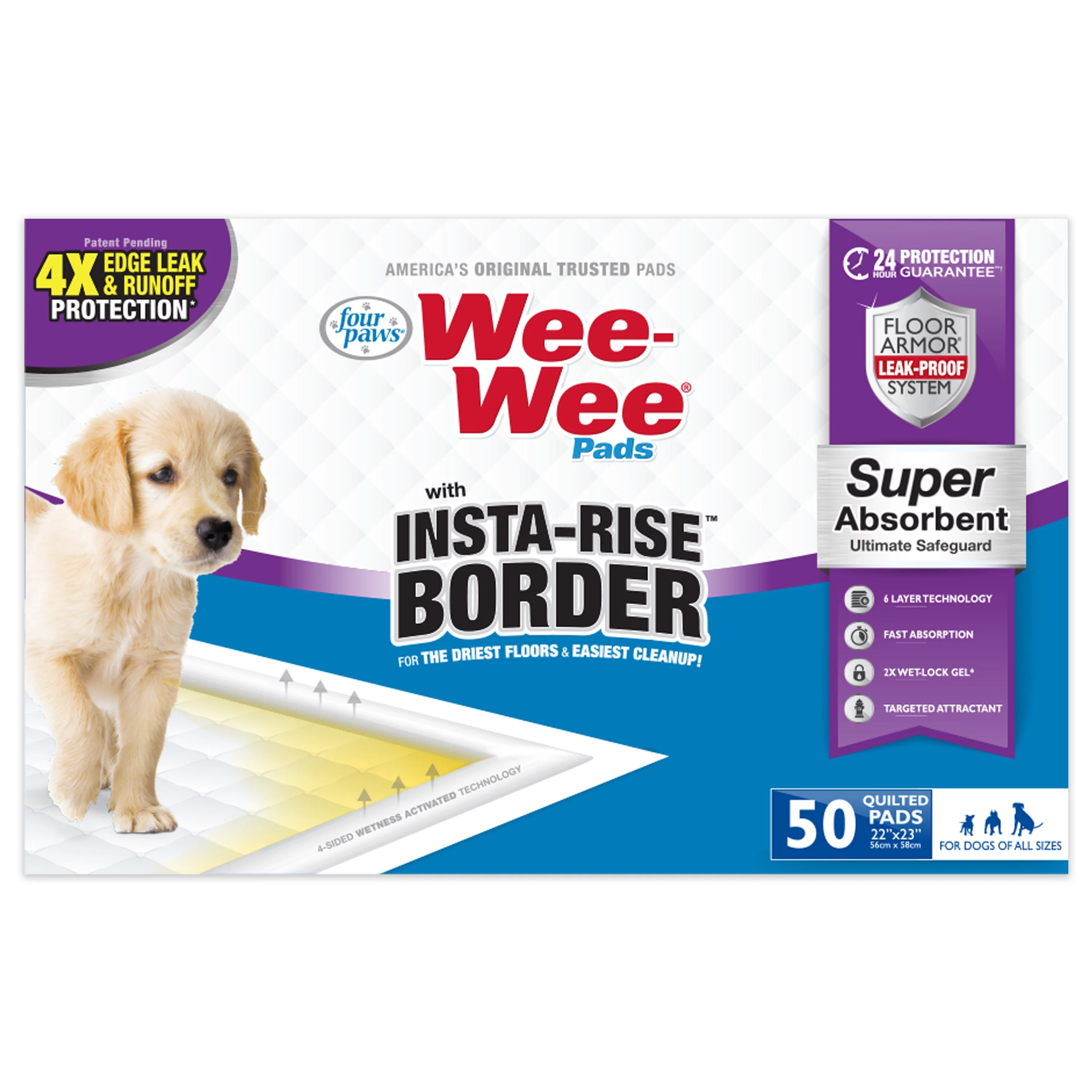 Four Paws Wee-Wee Insta-Rise Border Potty Training Dog & Puppy Pads, Pet Pee Pads, 50ct
