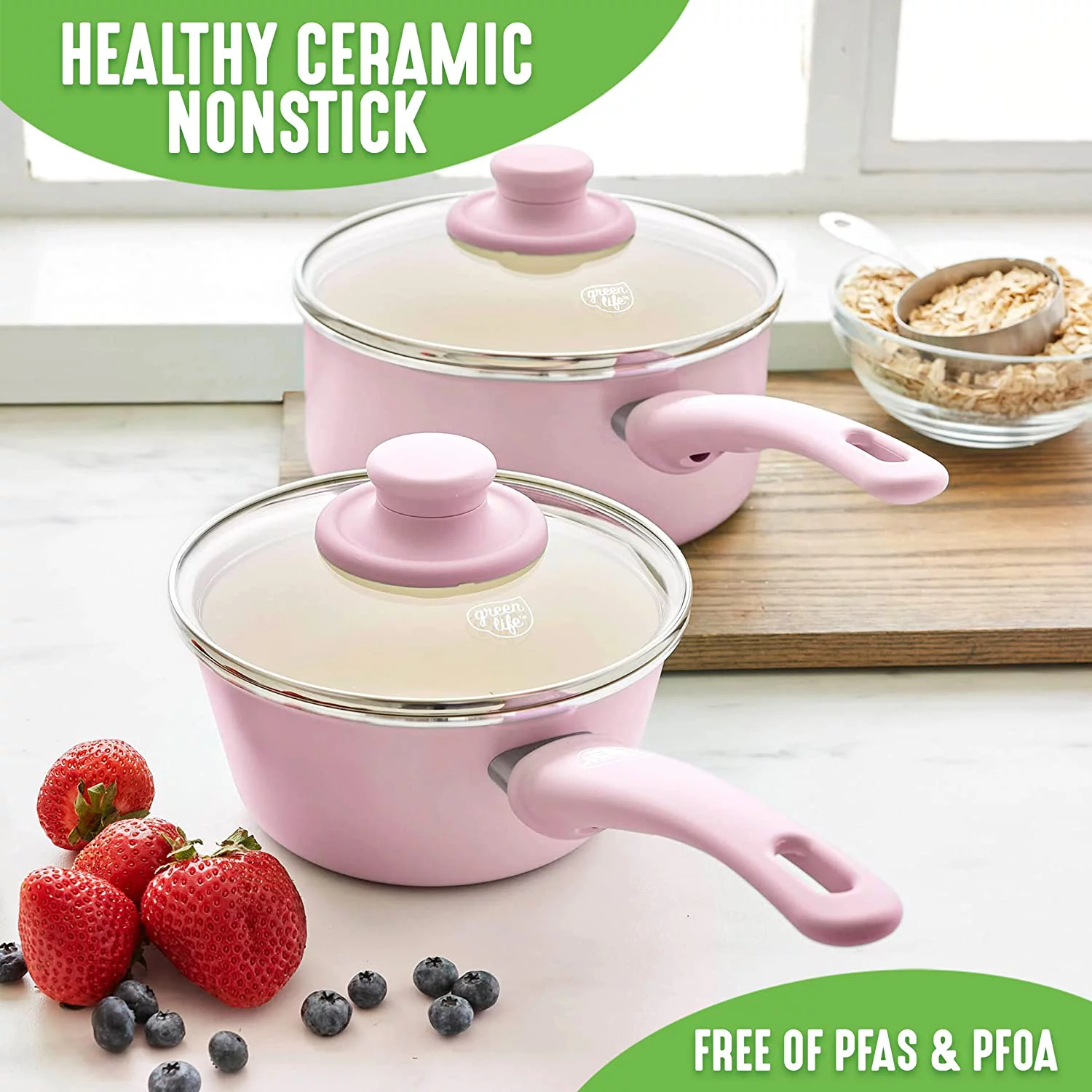 GreenLife Soft Grip Healthy Ceramic Nonstick, 1QT and 2QT Saucepan Pot Set with Lids, PFAS-Free, Dishwasher Safe, Soft Pink Soft Pink Saucepans
