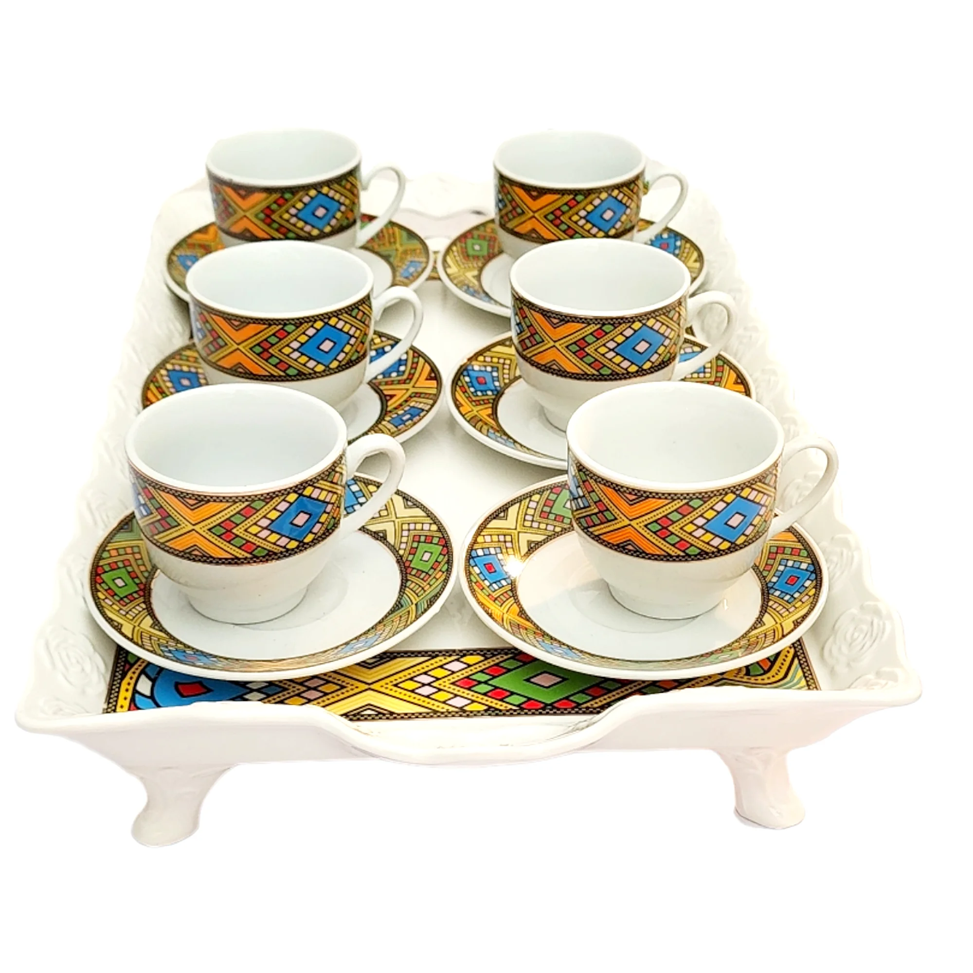 Etege Ethiopia, 13 PCS Tibeb Design Ceramic Rekebot Tray Set-Ethiopian/ Eritrean 14' Ceramic Coffee / Tea Serving Tray with 6 cups 3oz & 6 Saucers