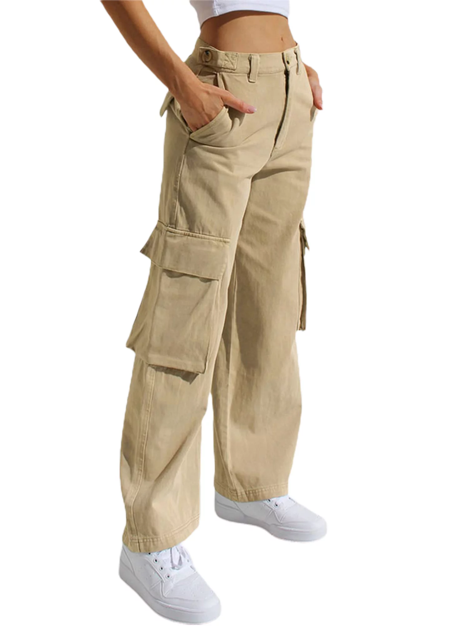 Peyakidsaa Women's Casual Cargo Trousers Solid Wide Leg Joggers Pockets Cargo Pants