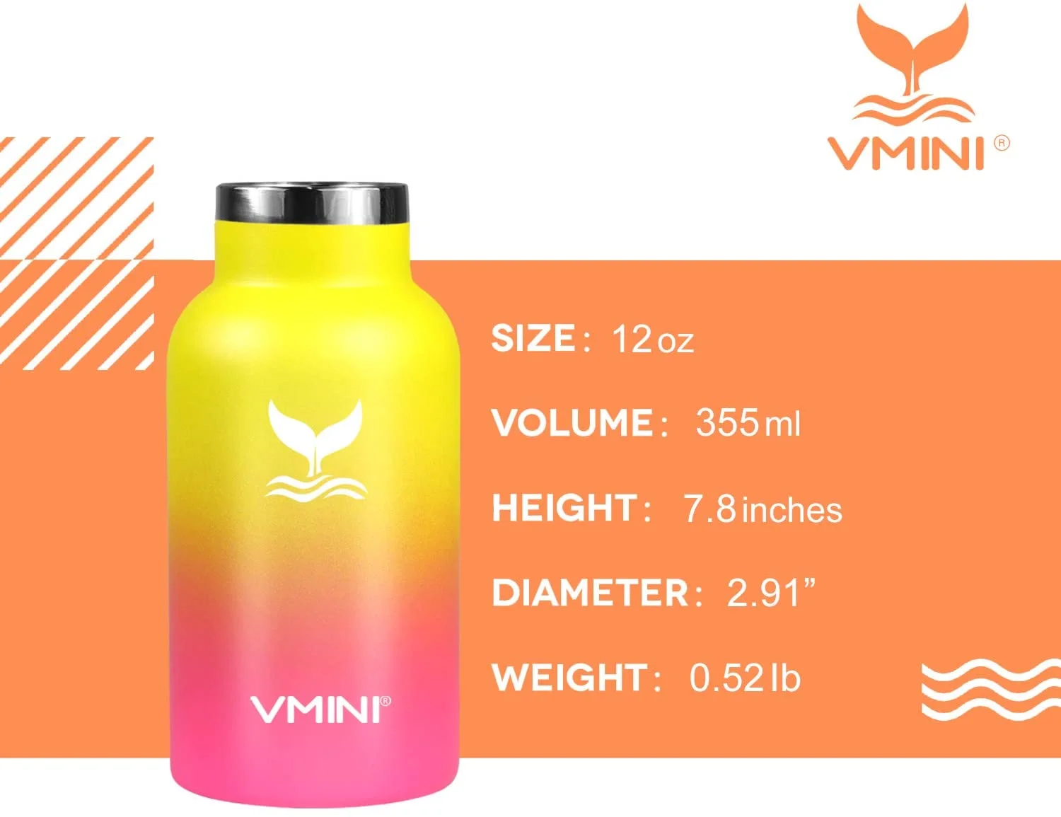 Vmini Kids Water Bottle - Insulated Water Bottle with Straw, Standard Mouth Stainless Steel & Vacuum, New Straw Lid with Wide Handle, Gradient Yellow+Pink & 12 oz