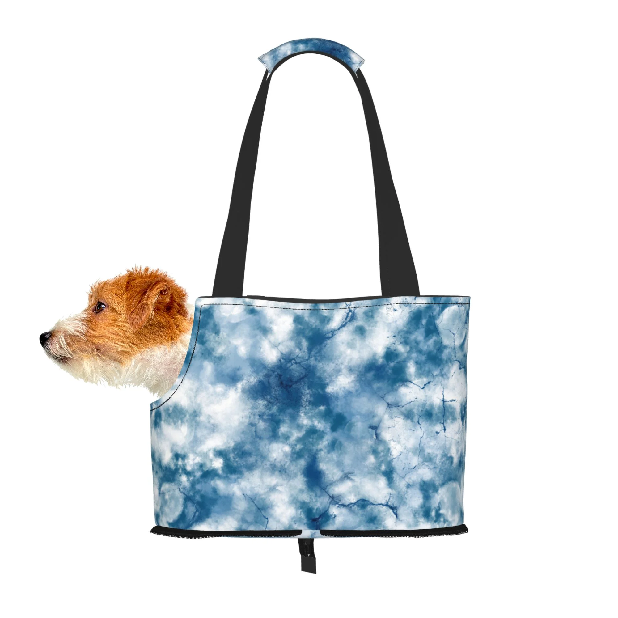 TEQUAN Foldable Dog Purse Carrier, Collapsible Blue Ink Tie-Dye Prints Pet Travel Tote Bag for Small Cat Puppy, Waterproof Dog Soft-Sided Carriers