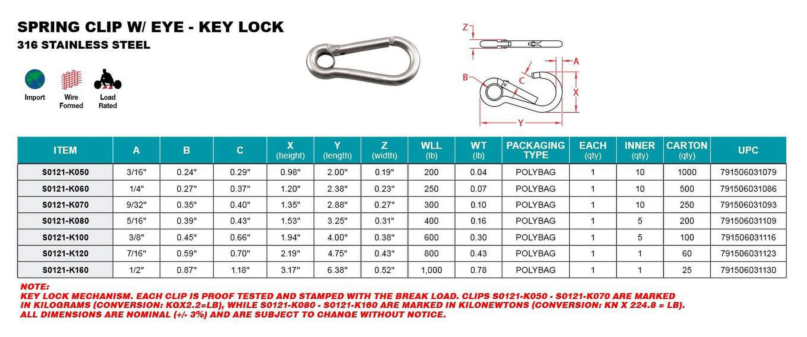 316 STAINLESS STEEL SPRING CLIP CARABINER W/ EYE KEY LOCK 7/16