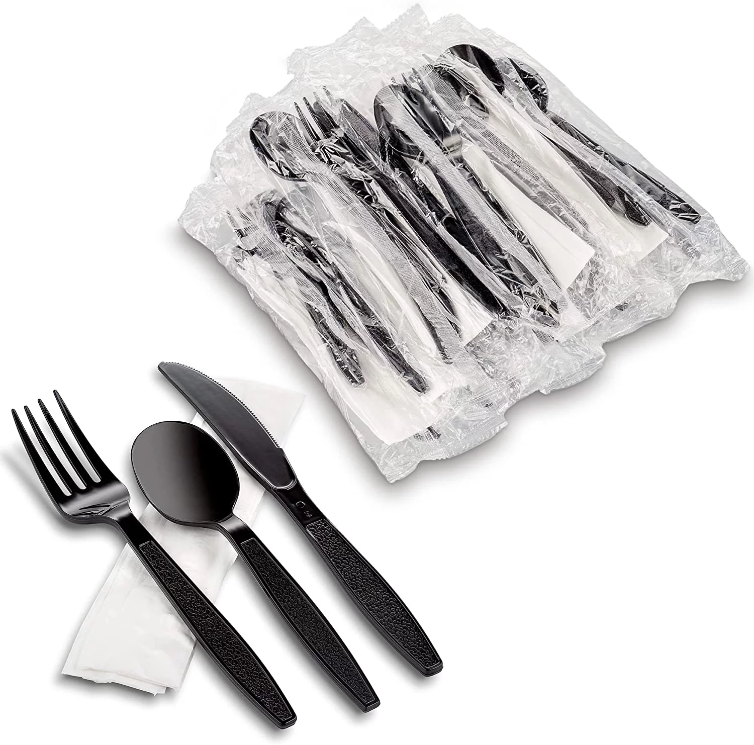 MT Products Individually Wrapped Black Plastic Cutlery Set with Napkin - Pack of 50