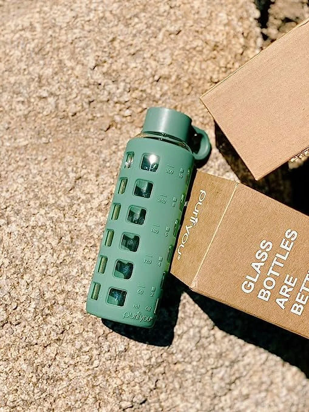 purifyou Premium 12 oz Reusable Glass Water Bottles with Time and Volume Markings, Non-Slip Silicone Sleeve & Stainless Steel Lid Insert, for Water, Milk, Juice