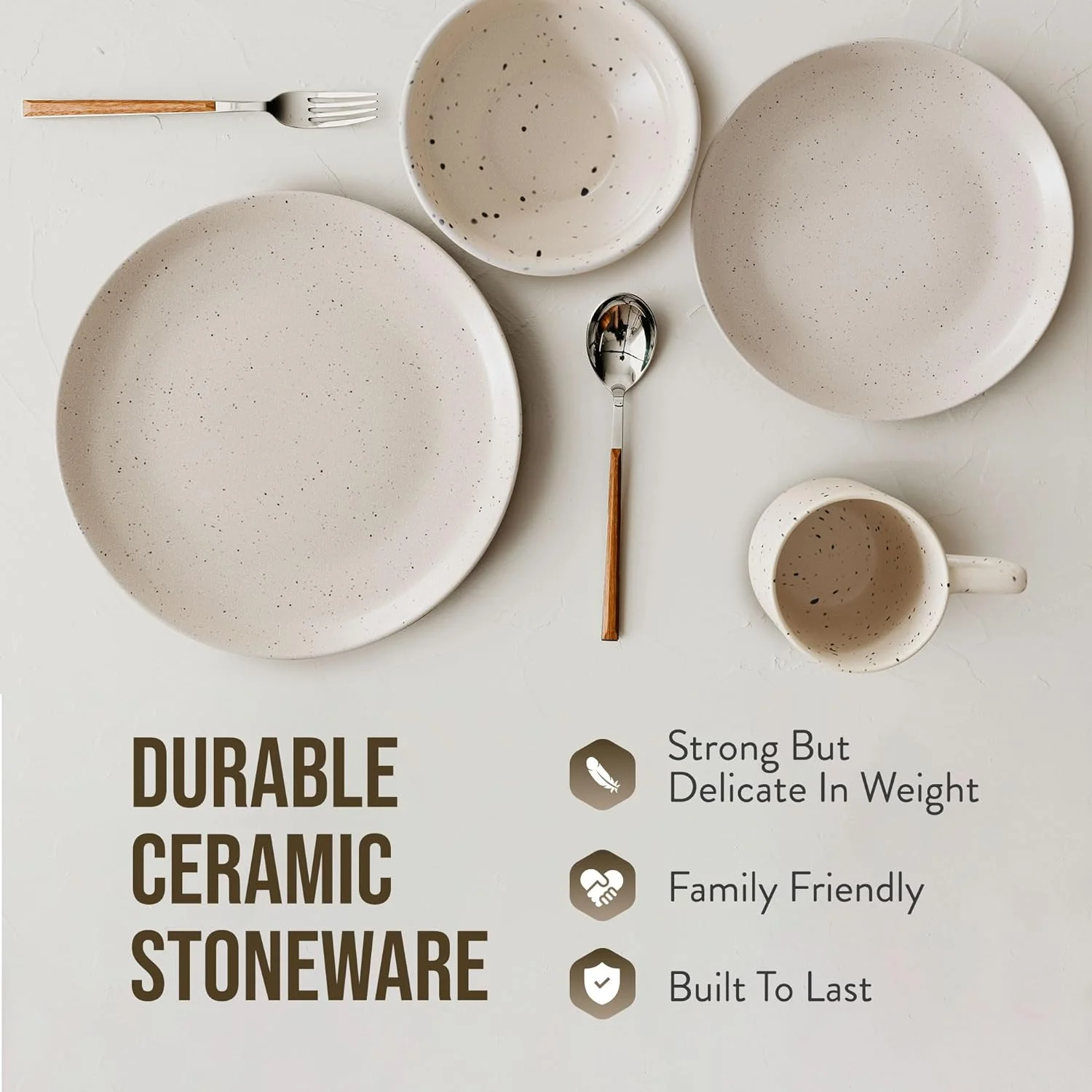 Reactive Stoneware Dinnerware Set | Coffee Mug, Bowl, Plate Set | Stoneware Dish Set | Microwave, Dishwasher Safe | Service For 2 | Speckled Cream 8-Piece Set (Cream)