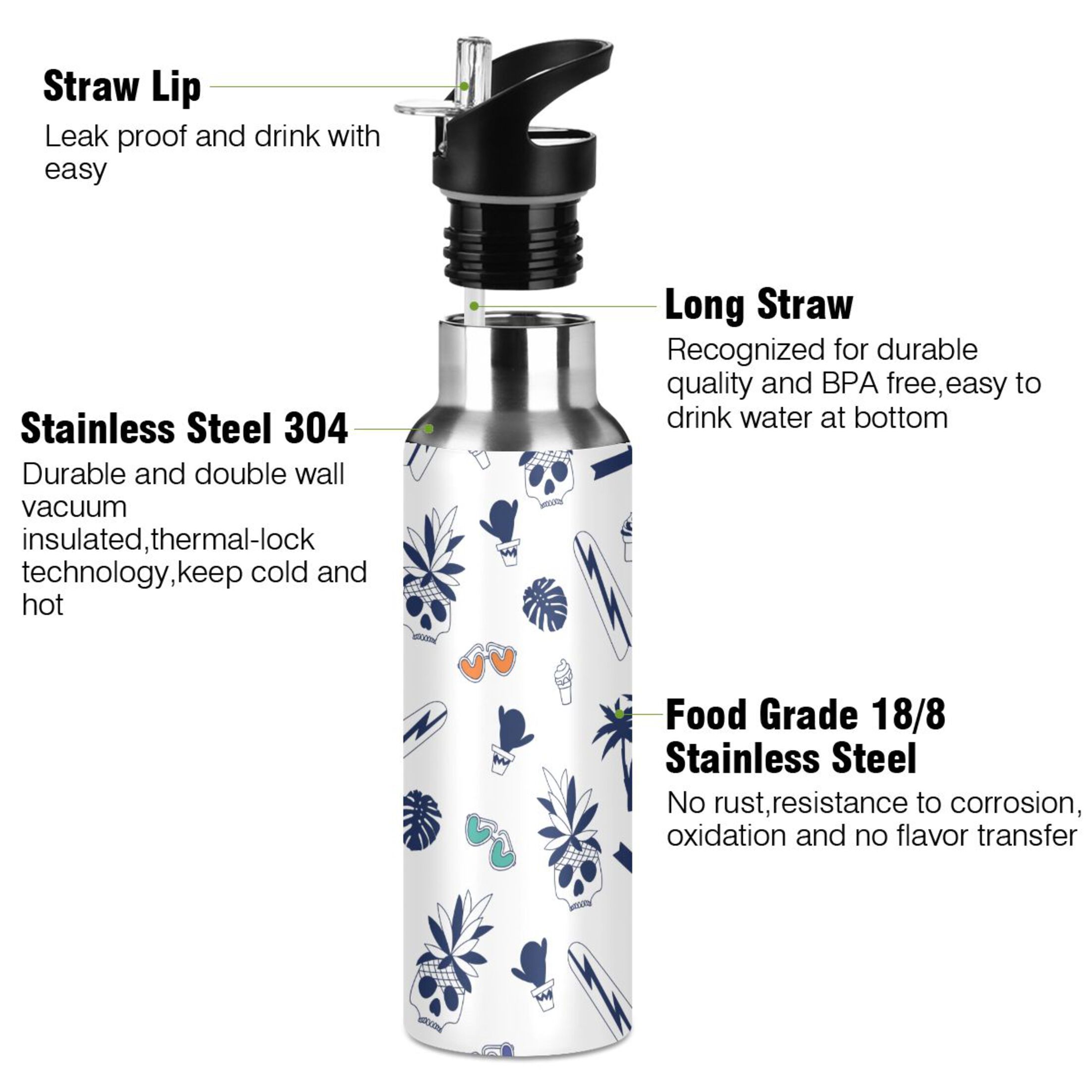 Palm Tree Surfboard Skull Water Bottles Insulated Thermos Kids Stainless Steel Bottle with Straw Lid Flask Leakproof for Sports Gym 20 oz