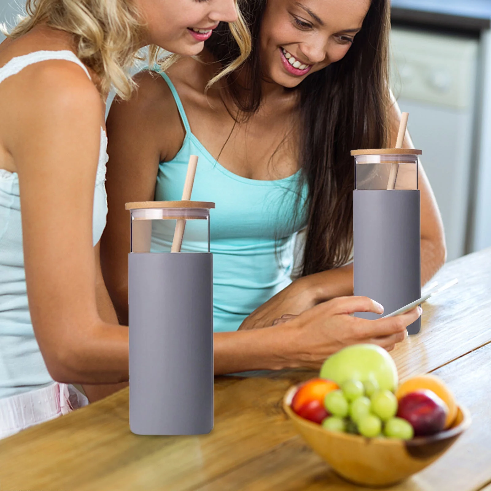 Wepro Creative Bamboo Cover Bamboo Straw Reusable Silicone Glass Straw Water Cup