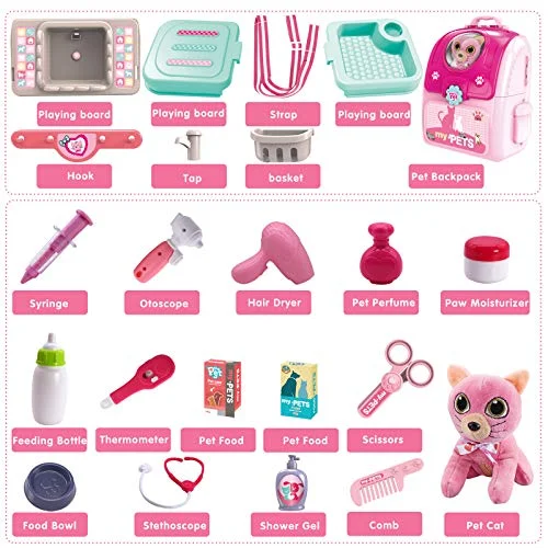MAGIC4U Pet Cat Carrier Backpack Toy, 23PCS Pet Care Playset,Vet Clinic and Doctor Kit for Kids, Pet Veterinarian Medical Role Play Set for Boys and Girls Ages 3-6 Pink