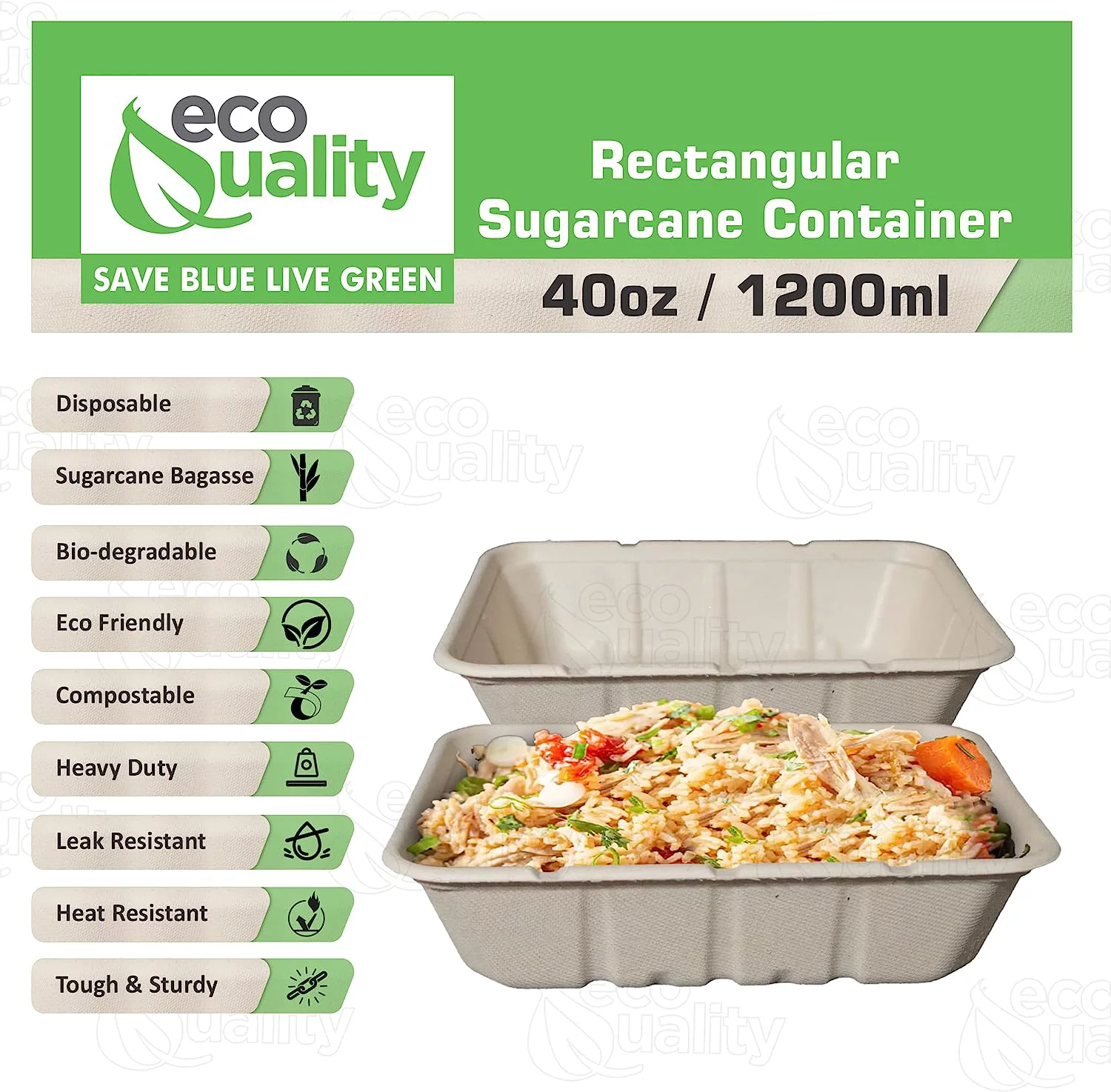 (25 Pack) EcoQuality 40oz Disposable Bowls - Rectangular Compostable Sugarcane Fiber Biodegradable Paper Bowls Eco-Friendly Oblong Take Out Food Containers, Food Storage, Microwave Safe, Meal Prep