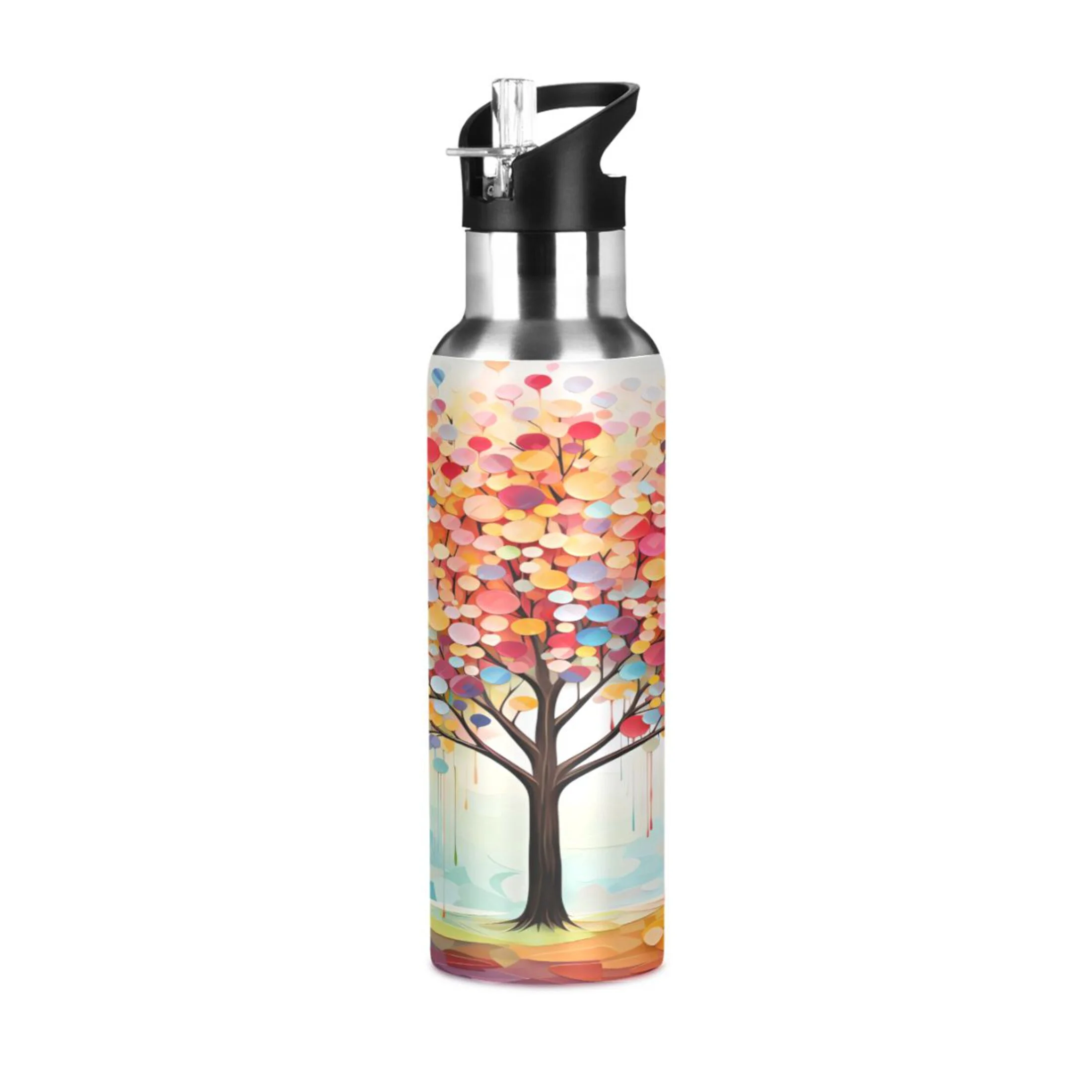 Water Bottle with Straw Lid Leak Colorful Tree Stainless Steel Insulated Thermos Vacuum Flask for Cold Hot Drinking for Sports Camping Gym Yoga