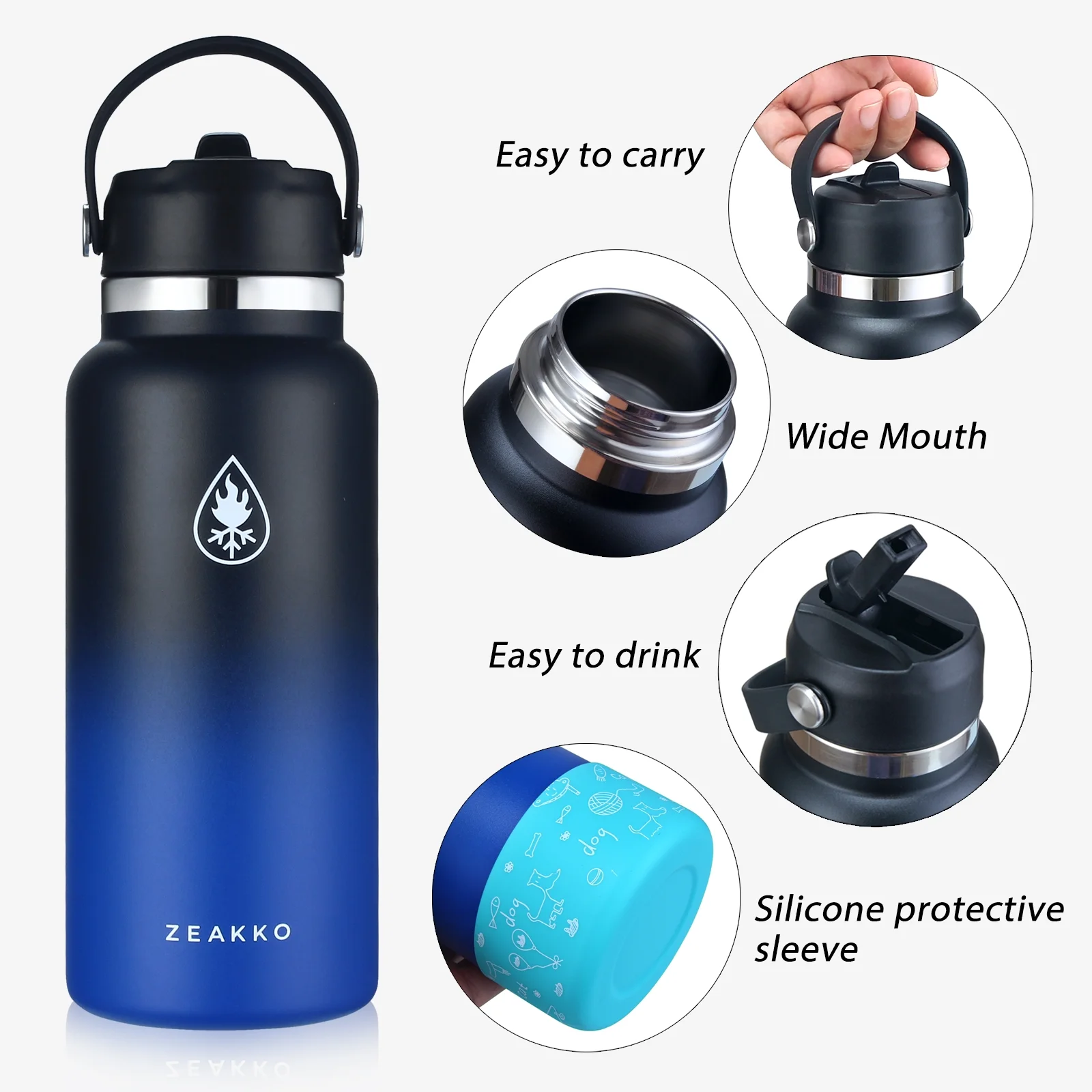 Zeakko Stainless Steel Water Bottle, 32oz Vacuum Insulated Water Bottle BPA-free Double Wall Wide Mouth Leakproof Water Flask with Straw Lids & Protective Silicone Boot